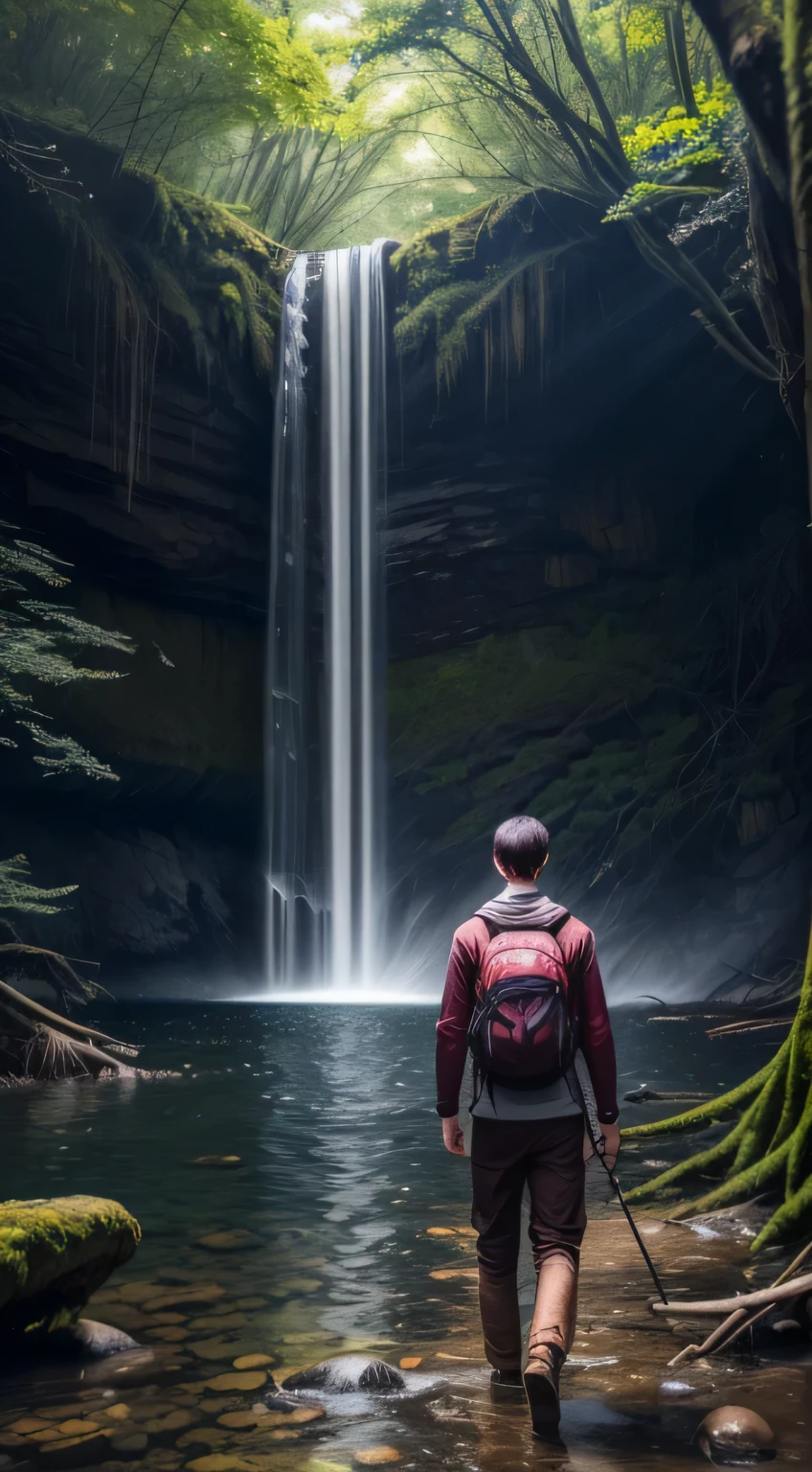 1 boy, Realistic Rin々Good person、Wear mountaineering clothes, waterfall, walking under the waterfall, turn her back to the audience, mysterious beauty, whole body, Character ratio is only 1/8, lake surface, ((Large grove)), Tyndall Ray, realism, cinematic lighting, ray tracing, optical illusion, Lens flare, 120mm, f/1.2, sony fe manager, ultra hd, retina, masterpiece, ((highest quality)), ((masterpiece)), (very detailed: 1.3)
