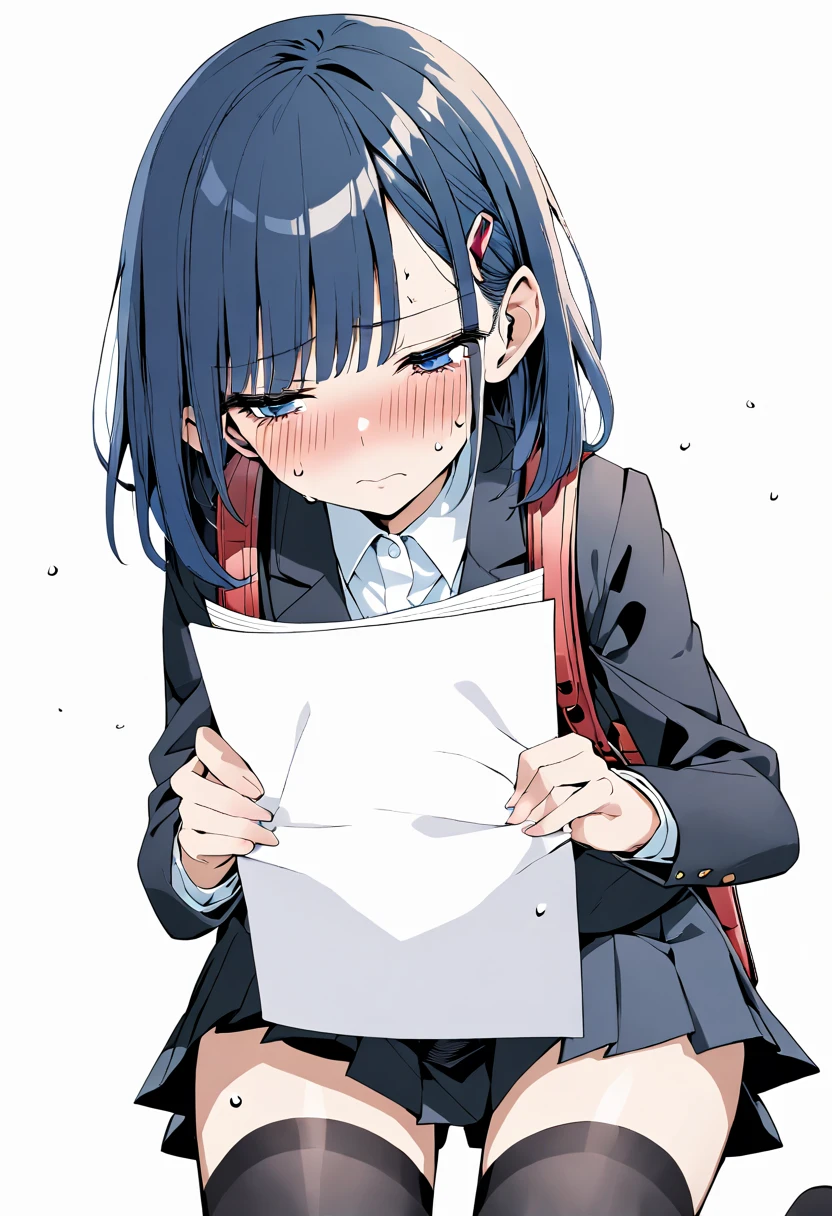 masterpiece, best quality, perfect hands, kneeling, showing a peice of paper, holding paper, facing viewer, (blush, looking away, sweating, very nervous expression), medium shot, standing:1.1, 1girl, solo, negative space, ((simple white background, white background)), a girl in a school uniform, half closed eyes, detailed eyelashes, sharp eyes, dark royal blue hair, medium length hair, hair behind ear, black hairclip, side bangs, (black blazer, black pleated skirt, black tights), simple, facing viewer, manga illustration style, bangs, black backpack, 18 years old, rating: safe
