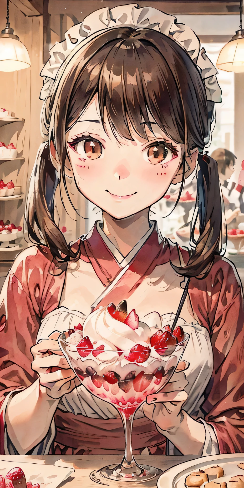 best image quality、4k、Japanese、、brown hair、twin tails、bangs、(Maid clothes)、small face、smile、strawberry perfect、Large strawberries、happiness、Pastry Shop、Arn、スプーンでArn