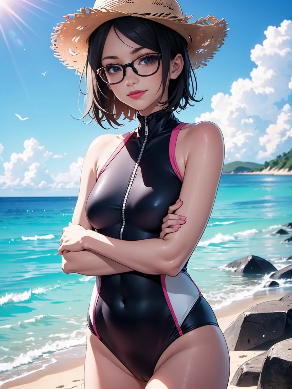 anime screencap, anime coloring, ((small breasts, black eyes, short hair, pink lipstick)),
1girl,solo,black hair,short hair,(one-piece swimsuit:1.2), cowboy shot, glasses,red-framed eyewear,beach,outdoors,black eyes,straw hat,splashing,light smile, partially submerged, beach,dynamic pose, sun,blue sky, clouds,nature,crossed arms,
