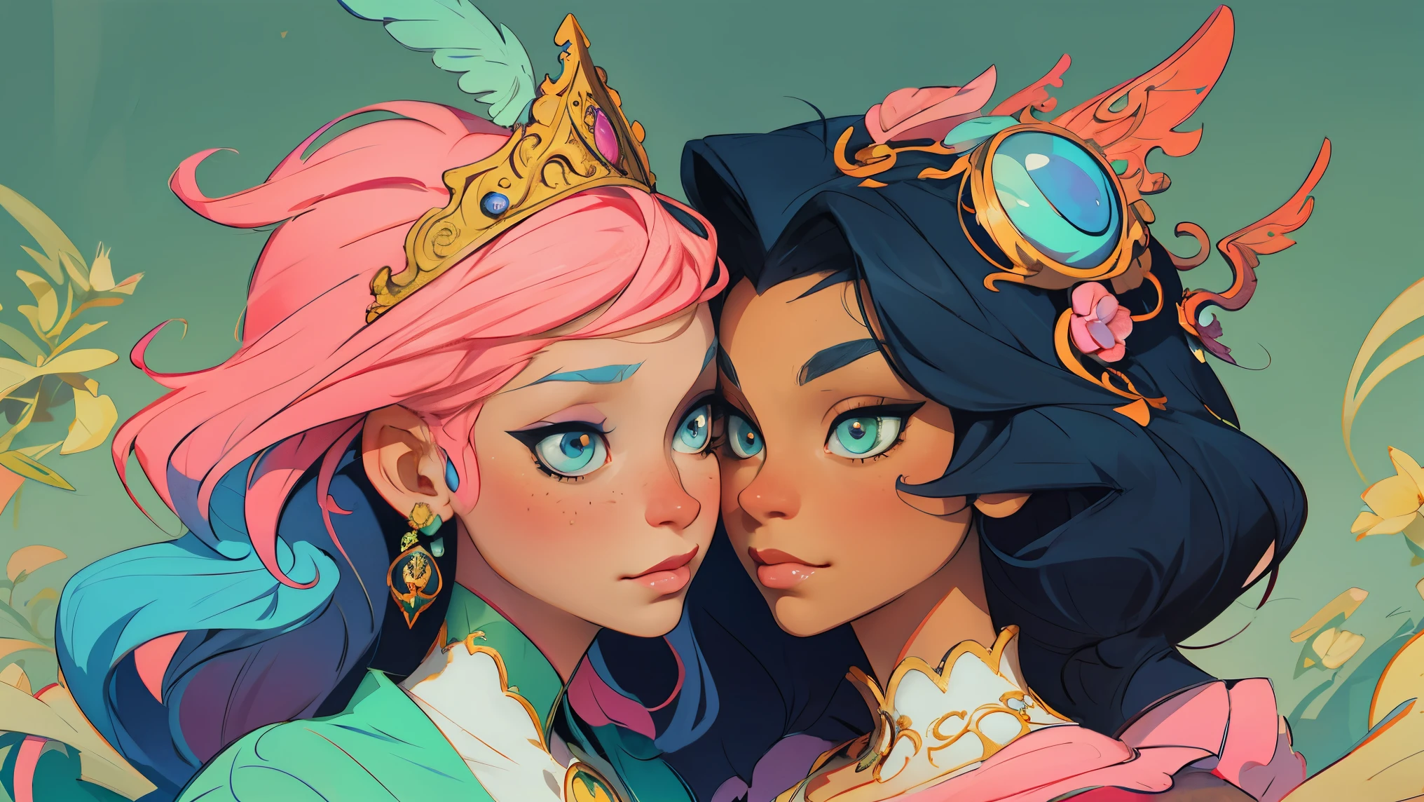 Symmetry, Finely Detailed Elaborate Ornate Alien Queen Goddess with Elaborately Detailed Colorful Eyes; by Lisa Frank, jeff koons, Orange and Dark Pink, and Yellow and Dark Blue, pretty face, intricate, elegant, highly detailed, digital painting, art station, concept art, smooth, sharp focus, illustration, art by art germ and greg rutkowski and alphonse mucha, 8k
