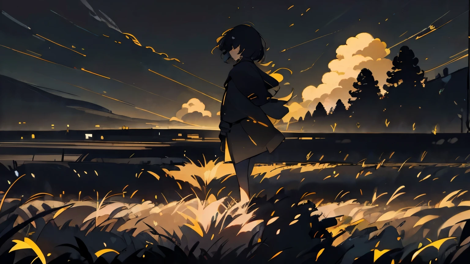 high quality background, background, 4k, high quality, yellow sky, black ground, black trees, shadowed landscapes, no sun, warm background, heaven like landscape, yellow light, dark grass, sky heavy background, beautiful scenery, high contrast, black leaves, realistic, monochrome, monochrome colors