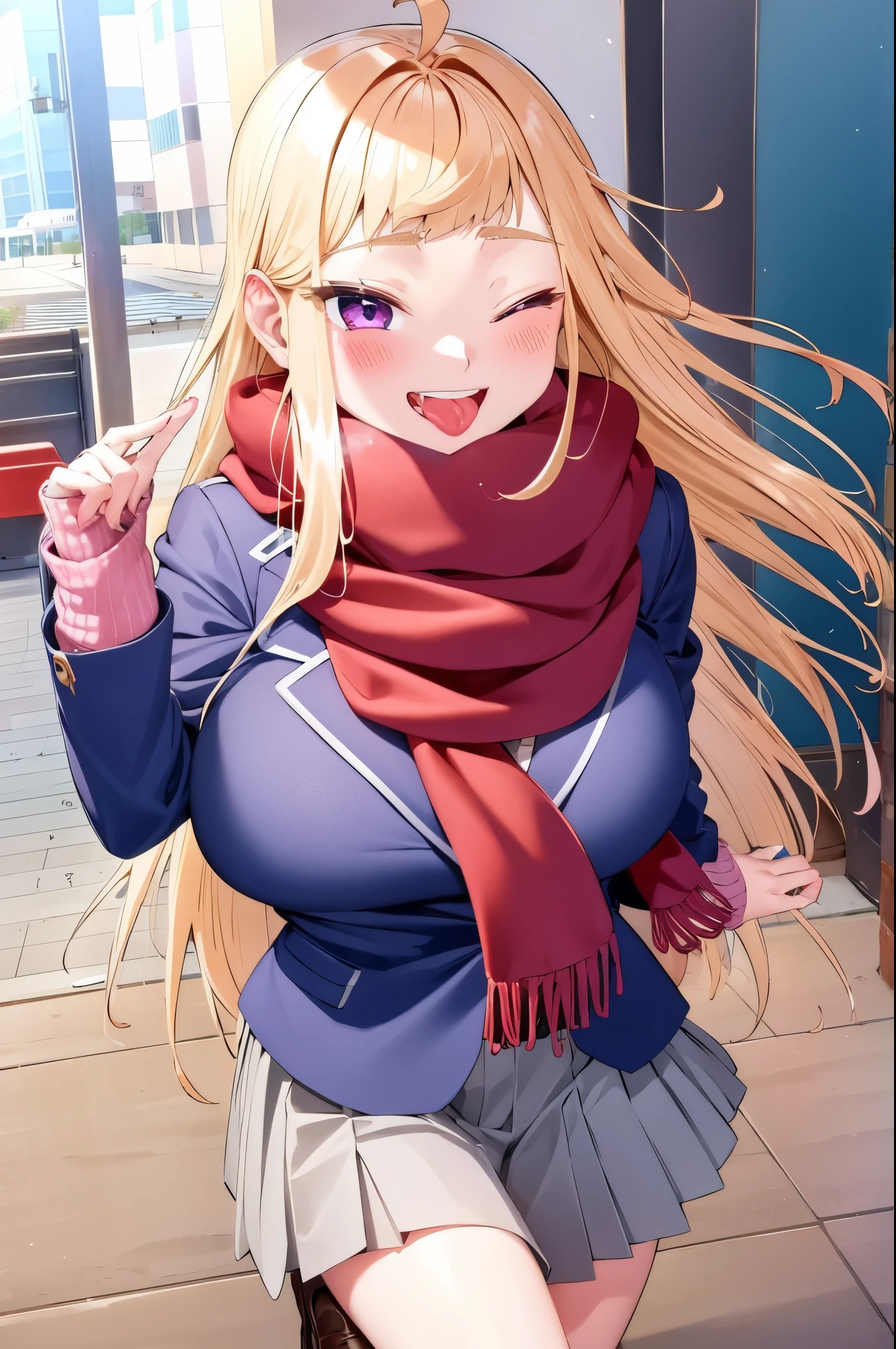 minami_fuyuki, 1girl,ahoge, solo, scarf, one eye closed, breasts, pink cardigan, jacket, cardigan, smile, purple eyes, skirt, red scarf, school uniform, blue nails, looking at viewer, open mouth, large breasts, white background, tongue, blush, blue jacket, breath, bangs, hair behind ear, teeth, pleated skirt, very long hair, grey skirt, tongue out, blazer 