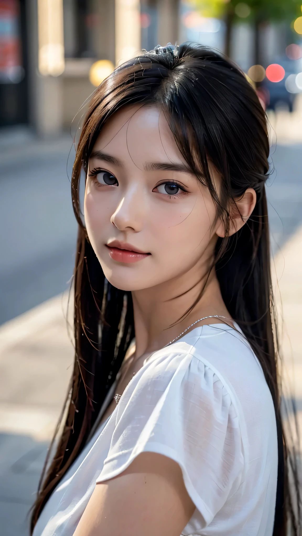 One woman,fully body photo,masutepiece, The highest image quality, High quality, the background is clear,Beautiful woman, Japanese, Detailed, Detailed eyes, Detailed skin, Beautiful skin, 超hight resolution, (reality: 1.4),Very beautiful woman, Slightly younger face, Beautiful skin, slender, (Ultra photo realsisim), (hight resolution), (8K), (Very detailed) (beautifully detailed eyes), (super detailed), (Detailed face), view the viewer, Fine details, Detailed face, Staring straight ahead, Staring straight ahead, photos realistic, Bright lighting, Professional Lighting, Black hair,poneyTail,a baby face,,髪型はponeyTail,ロングのponeyTailの髪型,slight smile,neat and tidy clothing,European Streets