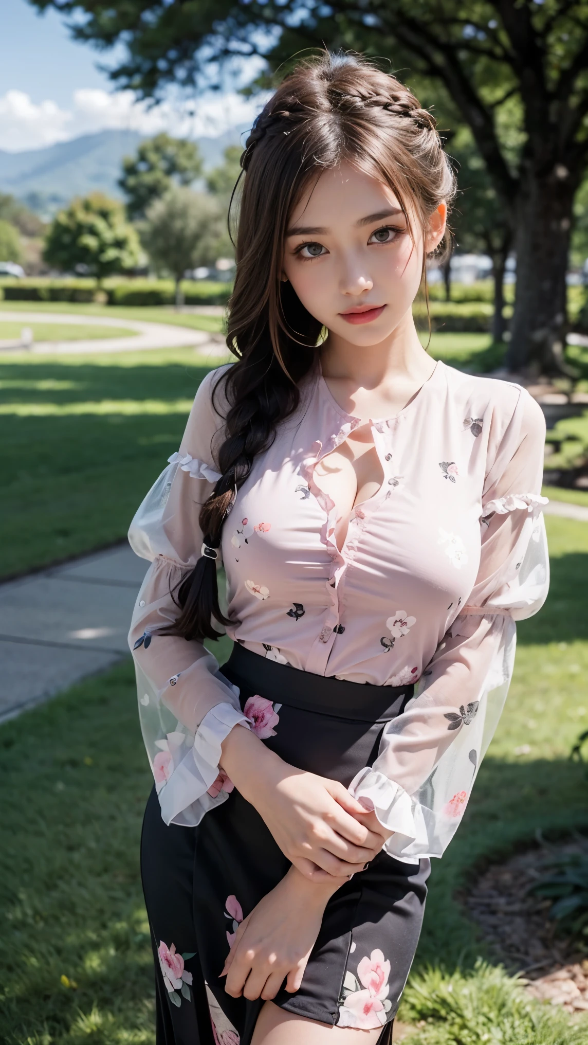 Masterpiece, Best Quality, Very Detailed, 8k, Photorealistic, soft focus, beautiful detailed eyes, detailed face, double eyelid, 1girl, solo, beautiful skin, real human skin, close-up to Face shot, Half-body, beautiful firm breasts, mature body, 18 years old girl, beautiful girl, Japanese idol, (french braid:1.3), brown hair, BREAK, (Tight long skirt with floral print:1.3), BREAK, (light pink sheer lawn ruffle sleeve blouse:1.3), BREAK, (shiny mesh stockings), Gentle smile, in a plum garden in a Japanese garden, standing position, model pose, NSFW, put my right hand on my waist
