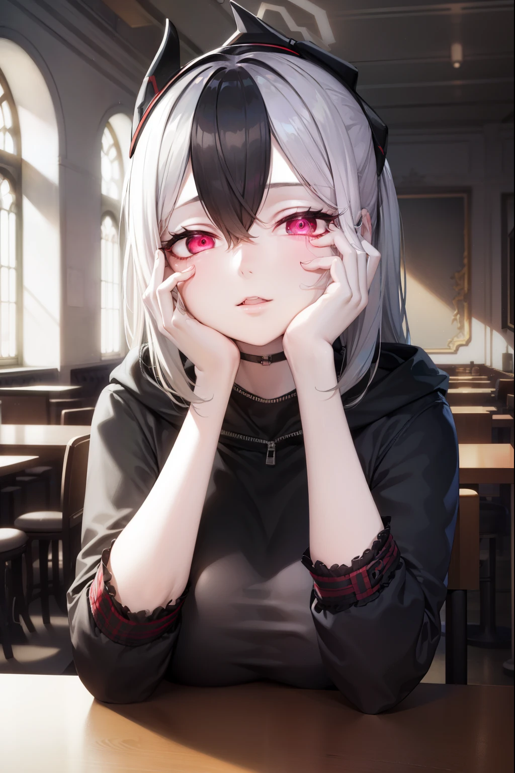 ((best quality)), ((highly detailed)), masterpiece, absurdres, (white hair with black bang),(detailed eyes, deep red eyes), (1girl), yandere trance, yandere, hands on own face, hands on own cheeks, shaded face, ((glowing eyes)), (upper body), hexmaniacms, ((@.@)), bags under eyes, ahoge, headband, black hair, pale skin, big breasts, , black clothes, (at a cafe, coffee, noon),
BREAK black hoodie, choker, hood, hoodie, pleated skirt, skirt, red skirt,
BREAK (masterpiece:1.2), best quality, high resolution, unity 8k wallpaper, (illustration:0.8), (beautiful detailed eyes:1.6), extremely detailed face, perfect lighting, extremely detailed CG, (perfect hands, perfect anatomy),