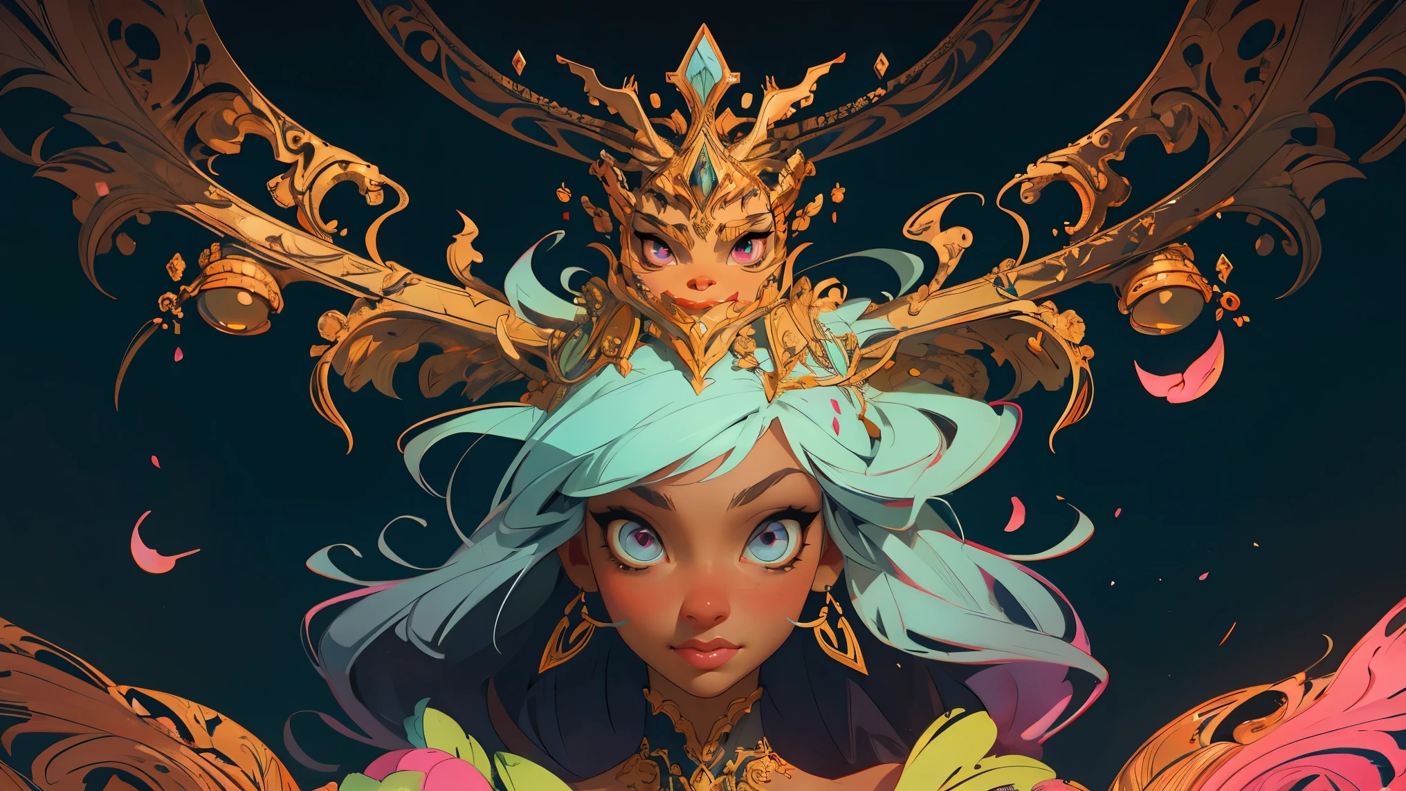 Symmetry, Finely Detailed Elaborate Ornate Alien Queen Goddess with Elaborately Detailed Colorful Eyes; by Lisa Frank, jeff koons, Orange and Dark Pink, and Yellow and Dark Blue, pretty face, intricate, elegant, highly detailed, digital painting, art station, concept art, smooth, sharp focus, illustration, art by art germ and greg rutkowski and alphonse mucha, 8k , 1 girl