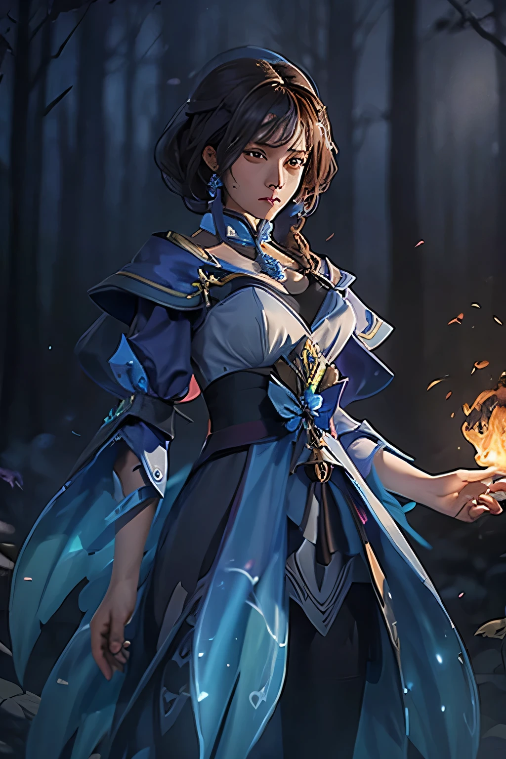 a woman in a blue dress and a black cape stands in front of a dark background, lunar themed attire, style of duelyst, painted in the style arcane, azure cape, mage robe based on a toucan, astral witch clothes, cotton cloud mage robes, cloud mage robes, crystalline skin, epic mage girl character, 