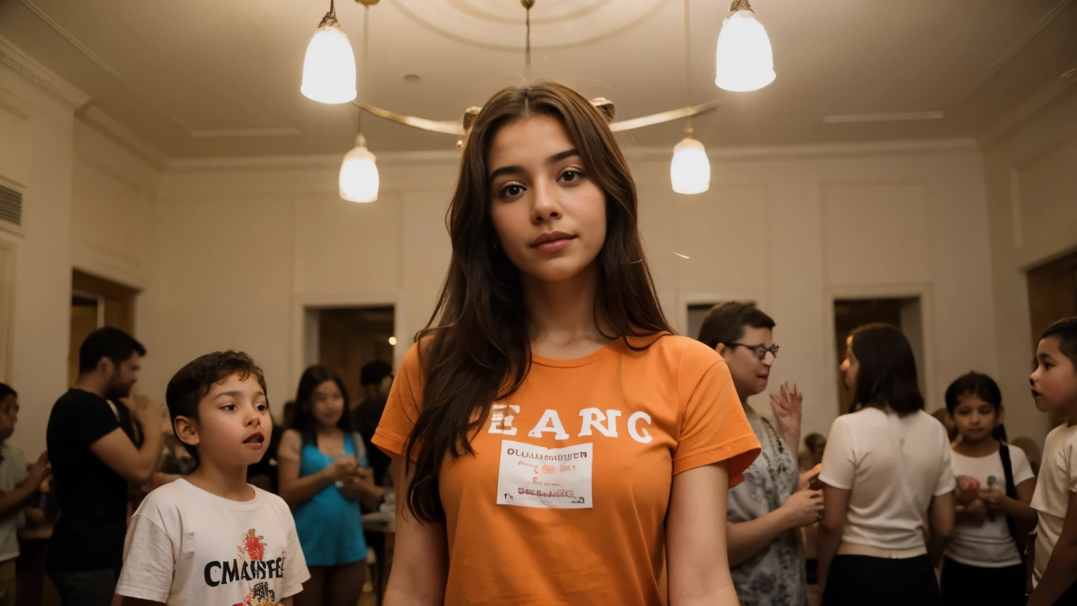 a beautiful Moroccan girl wearing an orange t-shirt assisting a many children in a birthday party, happy, party, emotions, action, cinematic,((best quality)), ((masterpiece)), (detailed), perfect face, cinematic, party lighting, children enjoying the party,