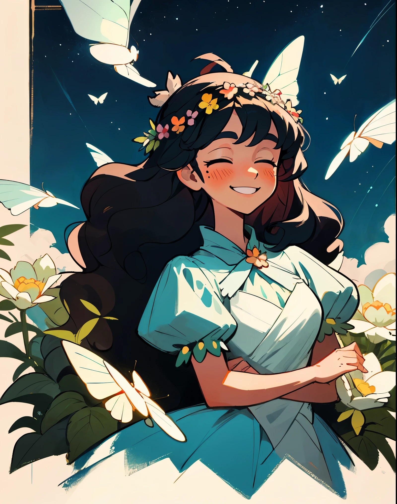 Painting of a woman with a garland on her head, aesthetic cute with flutter, European and American cartoons, black haired, no outline, long way hair，with long curly hair, garland，She was surrounded by two butterflies，A clear sky，Smile with，big laughter，withe dress，Blush face，A bunch of flowers is worn on the head