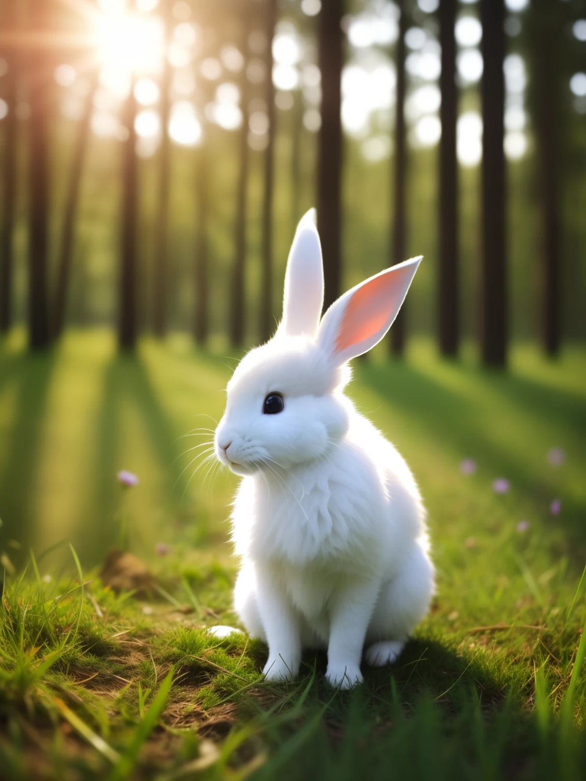 there is a white Rabbit sitting in the grass in the woods, white Rabbit, Rabbit, シャッターstock, the white Rabbit, Rabbit_bunny, a Rabbit full of hope, Ears shine through the light, Forest with rabbits, bunny, anthropomorphic Rabbit, cute anthropomorphic bunny, cute animals, Rabbit ears, beautiful and cute, stock, Big eyes、circle々and body shape、