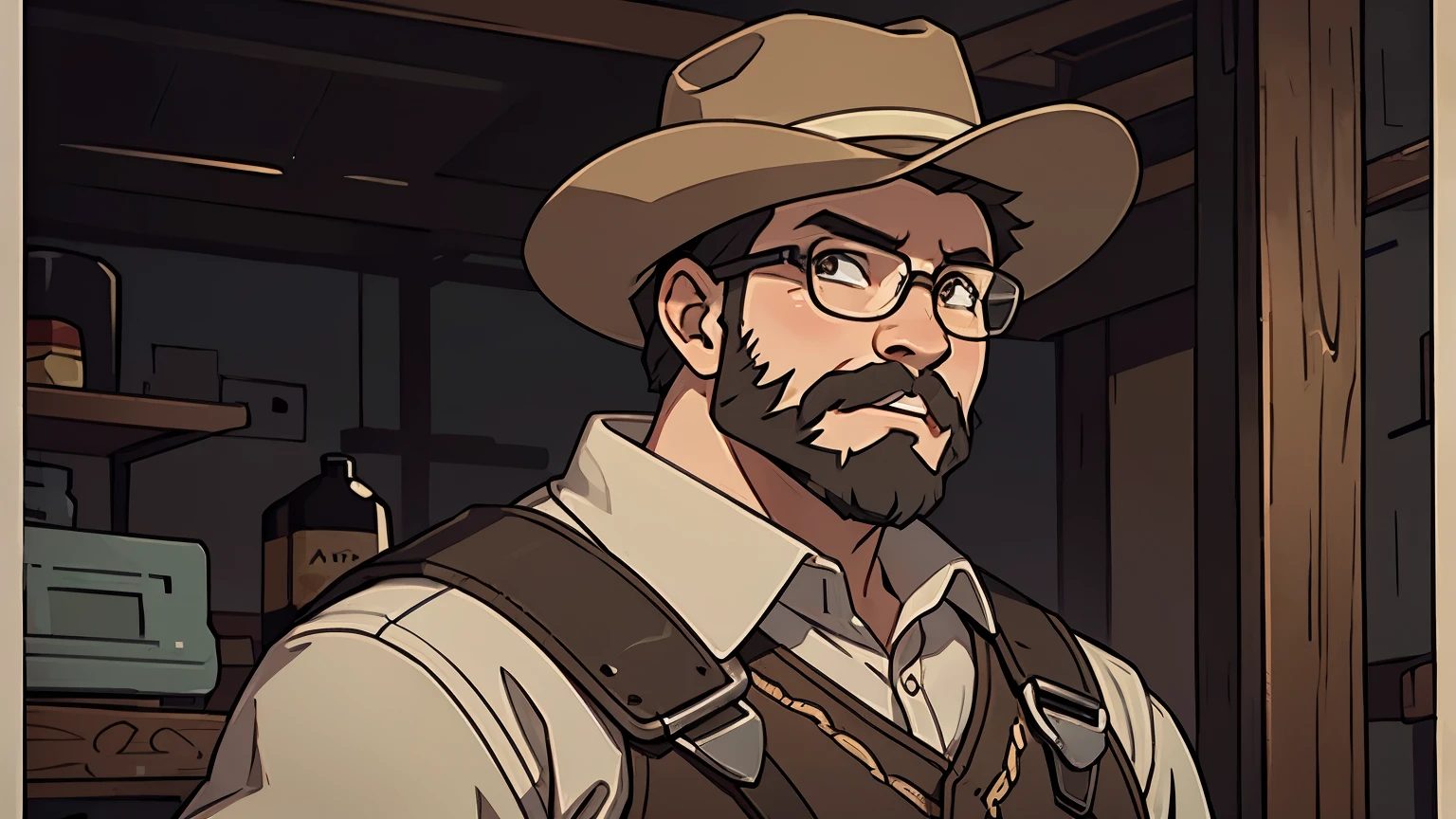 hunt showdown, Man with short beard and glasses wearing a western outfit, Short black hair. 1866, old-west style, holding a winchester