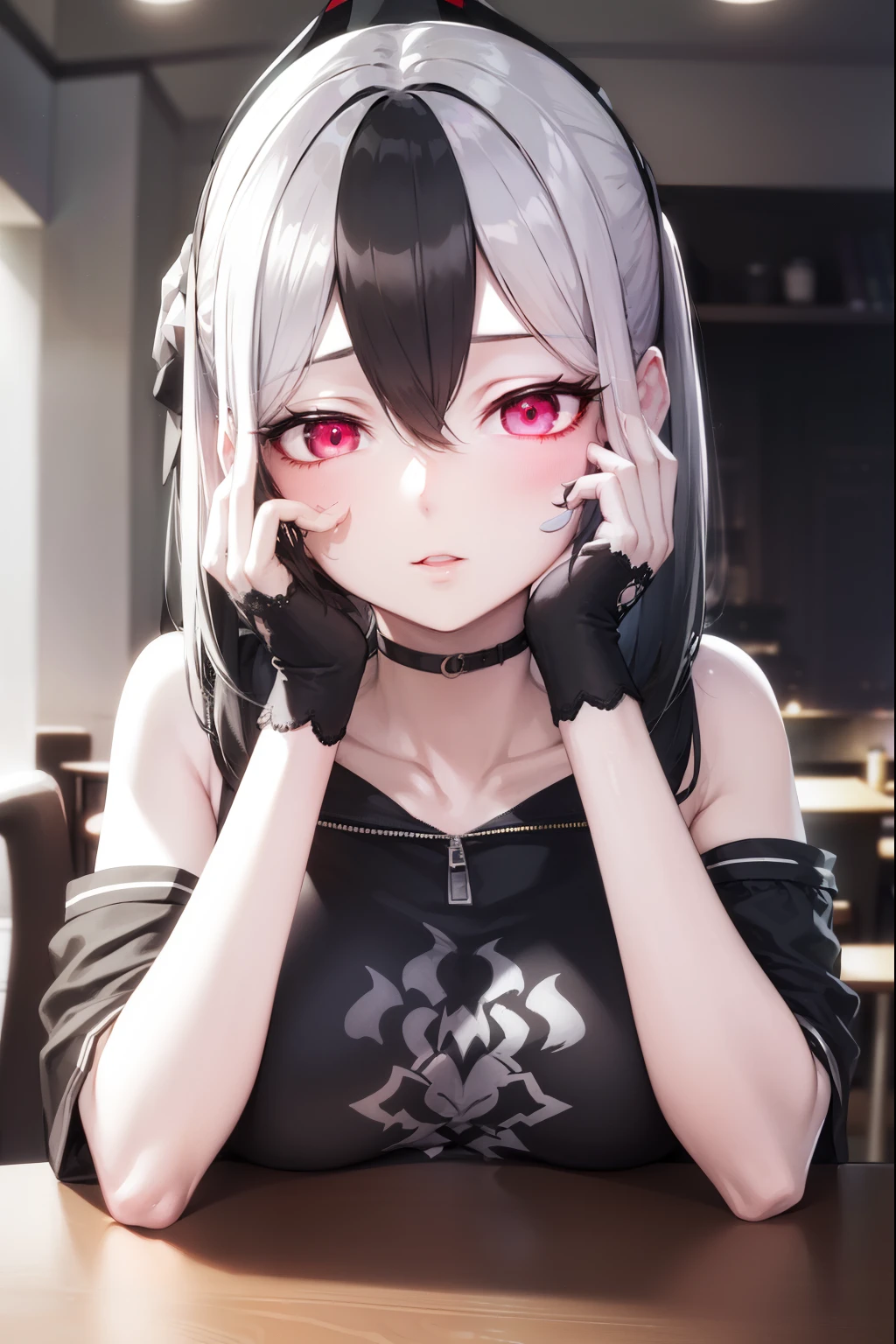 ((best quality)), ((highly detailed)), masterpiece, absurdres, (white hair with black bang),(detailed eyes, deep red eyes), (1girl), yandere trance, yandere, hands on own face, hands on own cheeks, shaded face, ((glowing eyes)), (upper body), hexmaniacms, ((@.@)), bags under eyes, ahoge, headband, black hair, pale skin, big breasts, , black clothes, (at a cafe, coffee, noon),
BREAK black hoodie, choker, hood, hoodie, pleated skirt, skirt, red skirt,
BREAK (masterpiece:1.2), best quality, high resolution, unity 8k wallpaper, (illustration:0.8), (beautiful detailed eyes:1.6), extremely detailed face, perfect lighting, extremely detailed CG, (perfect hands, perfect anatomy),