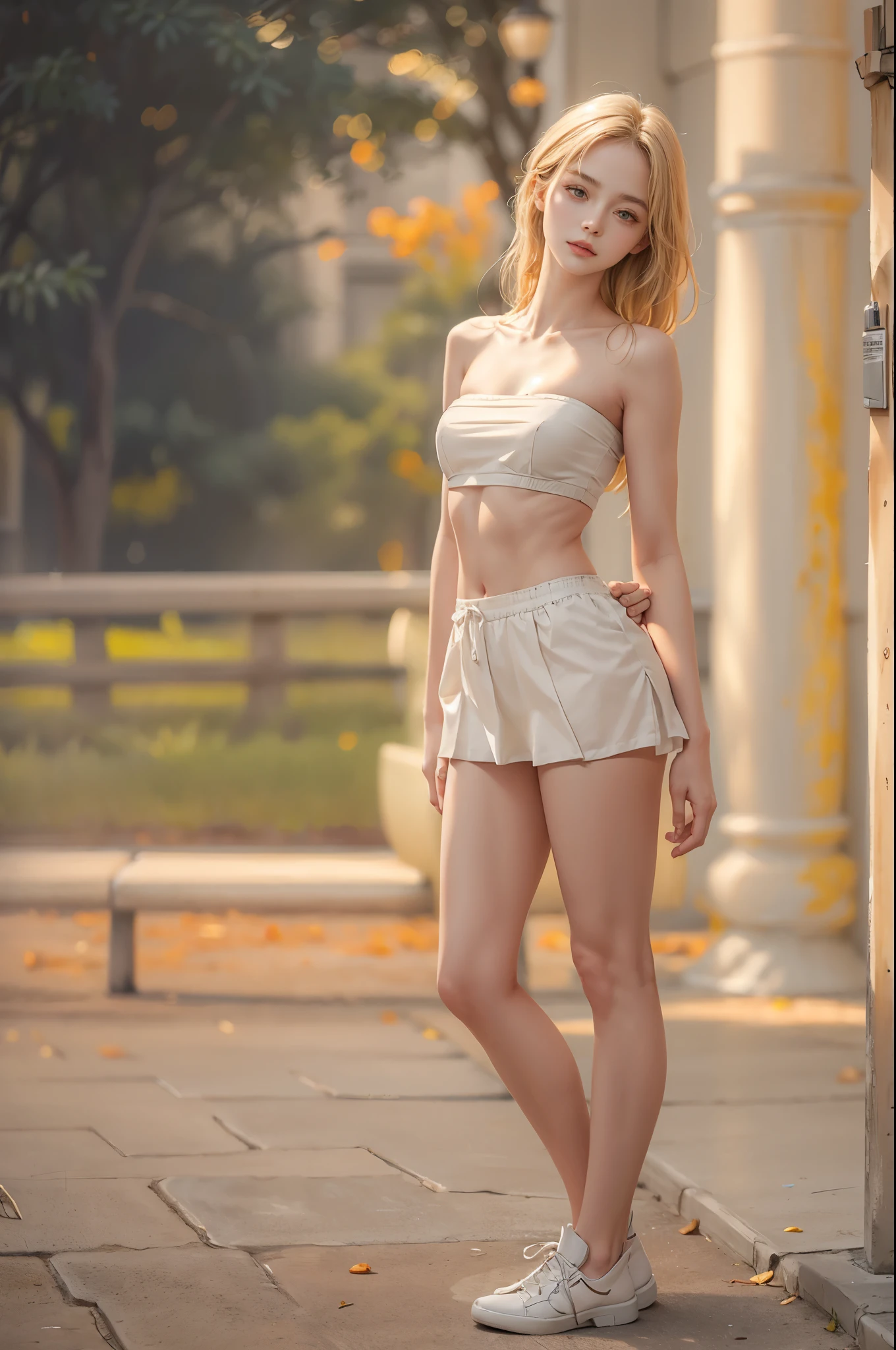 masterpiece, best quality, high quality, High definition, High quality texture, High quality shadow, high detail, beautiful detailed, finely detailed, extremely detailed cg, detailed texture, a realistic representation of the face, realistic, colorful, delicate, sharp focus, (intricate details, makeup, PureErosFace_V1:0.5), (detailed beautiful delicate face, detailed beautiful delicate eyes, a face of perfect proportion, high detailed skin, detailed skin, best ratio four finger and one thumb, skiny and thin:1.3), 1girl, 17 years old, tall, (smooth_abs:1.55), (abs:0.5), pretty, masterpiece, highres, (long_skinny_legs), (straight_legs), (skinny_waist), (((fair skin))), white skin, (((pale skin))), (Emma_watson), big_breast, (((Caucasian))), Light blonde hair, full body, portrait of 1 cute blonde girl, film grain, Fujifilm XT3, dreamy. ((full body)), ((from side)), ((Sit on a park bench, slender leg)), cropped shoulders, ((orange sport bandeau)), showing abdomen, Short orange short skirt, (Campus style), autumn afternoon warm lights, bloom, orange fog, motion, Simple blurred background, orange fruit,