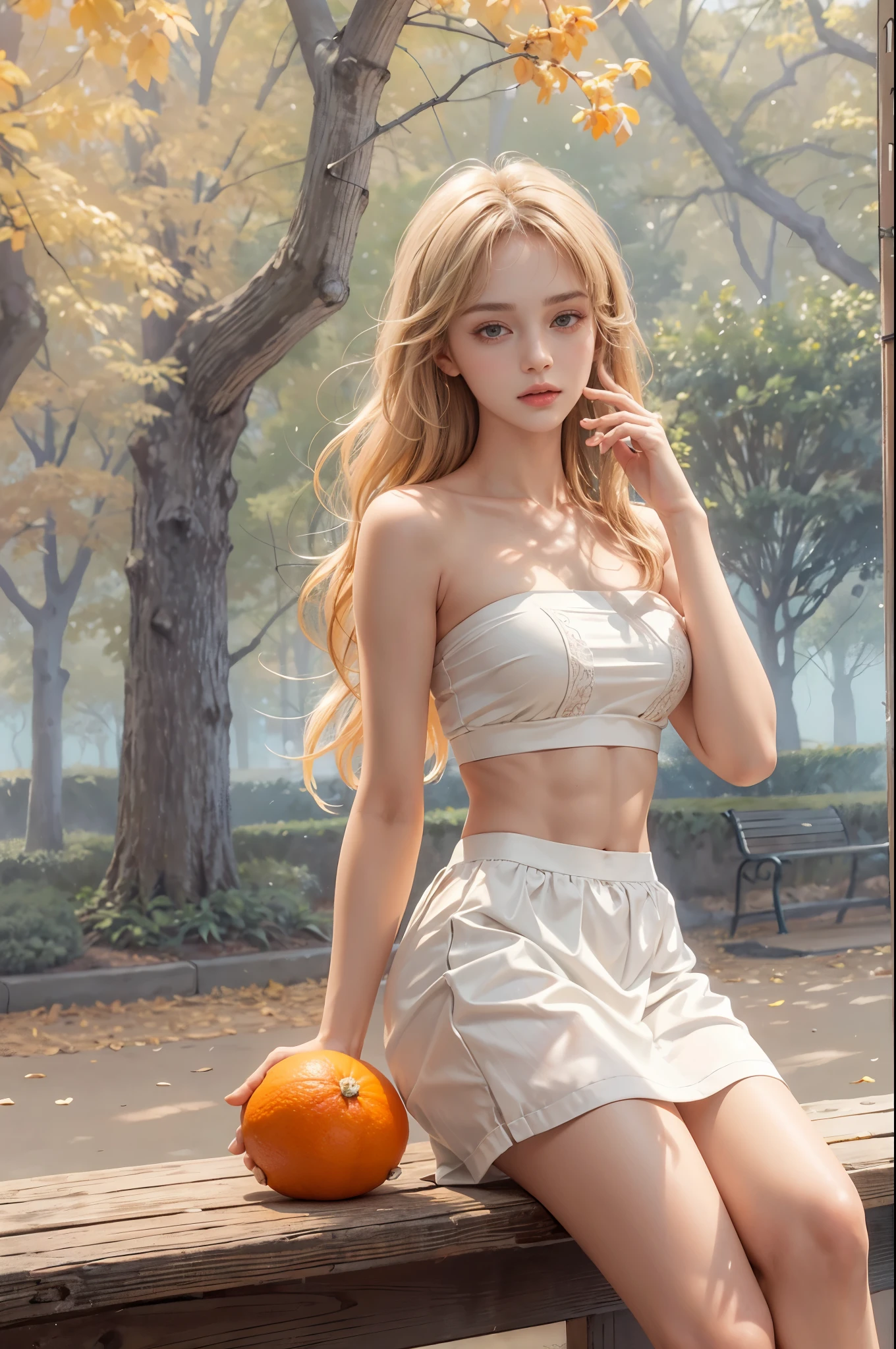 masterpiece, best quality, high quality, High definition, High quality texture, High quality shadow, high detail, beautiful detailed, finely detailed, extremely detailed cg, detailed texture, a realistic representation of the face, realistic, colorful, delicate, sharp focus, (intricate details, makeup, PureErosFace_V1:0.5), (detailed beautiful delicate face, detailed beautiful delicate eyes, a face of perfect proportion, high detailed skin, detailed skin, best ratio four finger and one thumb, skiny and thin:1.3), 1girl, 17 years old, tall, (smooth_abs:1.55), (abs:0.5), pretty, masterpiece, highres, (long_skinny_legs), (straight_legs), (skinny_waist), (((fair skin))), white skin, (((pale skin))), (Emma_watson), big_breast, (((Caucasian))), Light blonde hair, full body, portrait of 1 cute blonde girl, film grain, Fujifilm XT3, dreamy. ((full body)), ((from side)), ((Sit on a park bench, slender leg)), cropped shoulders, ((orange sport bandeau)), showing abdomen, Short orange short skirt, (Campus style), autumn afternoon warm lights, bloom, orange fog, motion, Simple blurred background, orange fruit,