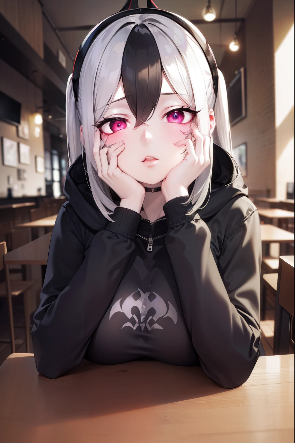 ((best quality)), ((highly detailed)), masterpiece, absurdres, (white hair with black bang),(detailed eyes, deep red eyes), (1girl), yandere trance, yandere, hands on own face, hands on own cheeks, shaded face, ((glowing eyes)), (upper body), hexmaniacms, ((@.@)), bags under eyes, ahoge, headband, black hair, pale skin, big breasts, , black clothes, (at a cafe, coffee, noon),
BREAK black hoodie, choker, hood, hoodie, pleated skirt, skirt, red skirt,
BREAK (masterpiece:1.2), best quality, high resolution, unity 8k wallpaper, (illustration:0.8), (beautiful detailed eyes:1.6), extremely detailed face, perfect lighting, extremely detailed CG, (perfect hands, perfect anatomy),