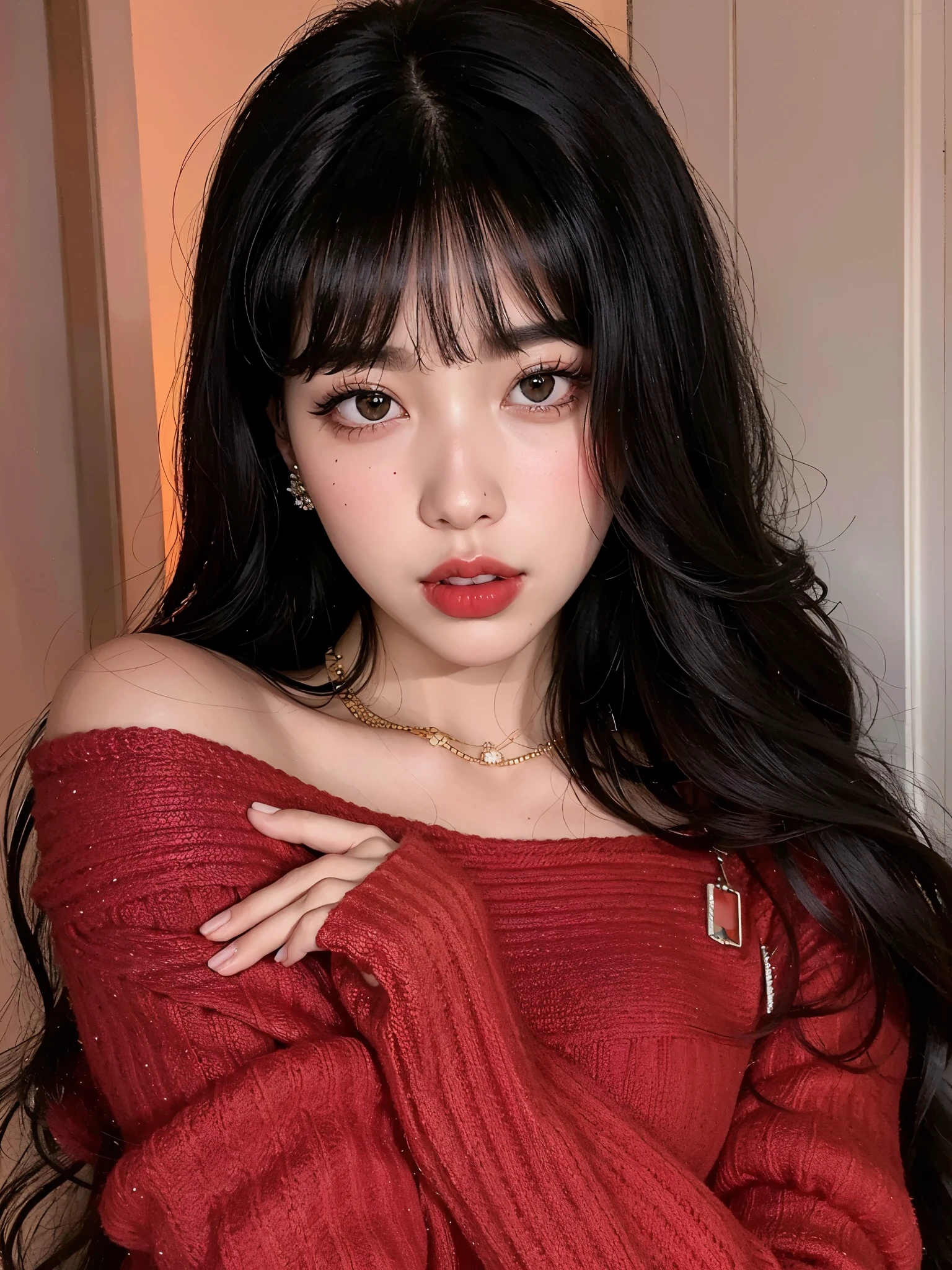 a close-up of a woman with long black hair wearing a red sweater, Ulzzang, cruel korean goth girl, goth girl aesthetic, small and thick red lips,  coreana, faint red lips, batom vermelho no rosto, lentes de contato vermelhas, ela tem cabelo preto com franja, cabelo longo e escuro com franja, corte de cabelo preto hime, maquiagem sul-coreana popular