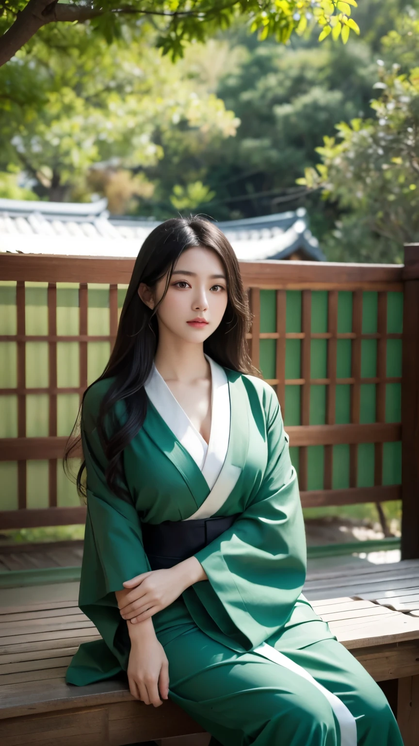 1girl, huge breast, black hair, green eyes,high quality, ultra detailed, masterpiece, realistic, green kimono, Japanese house , sitting 