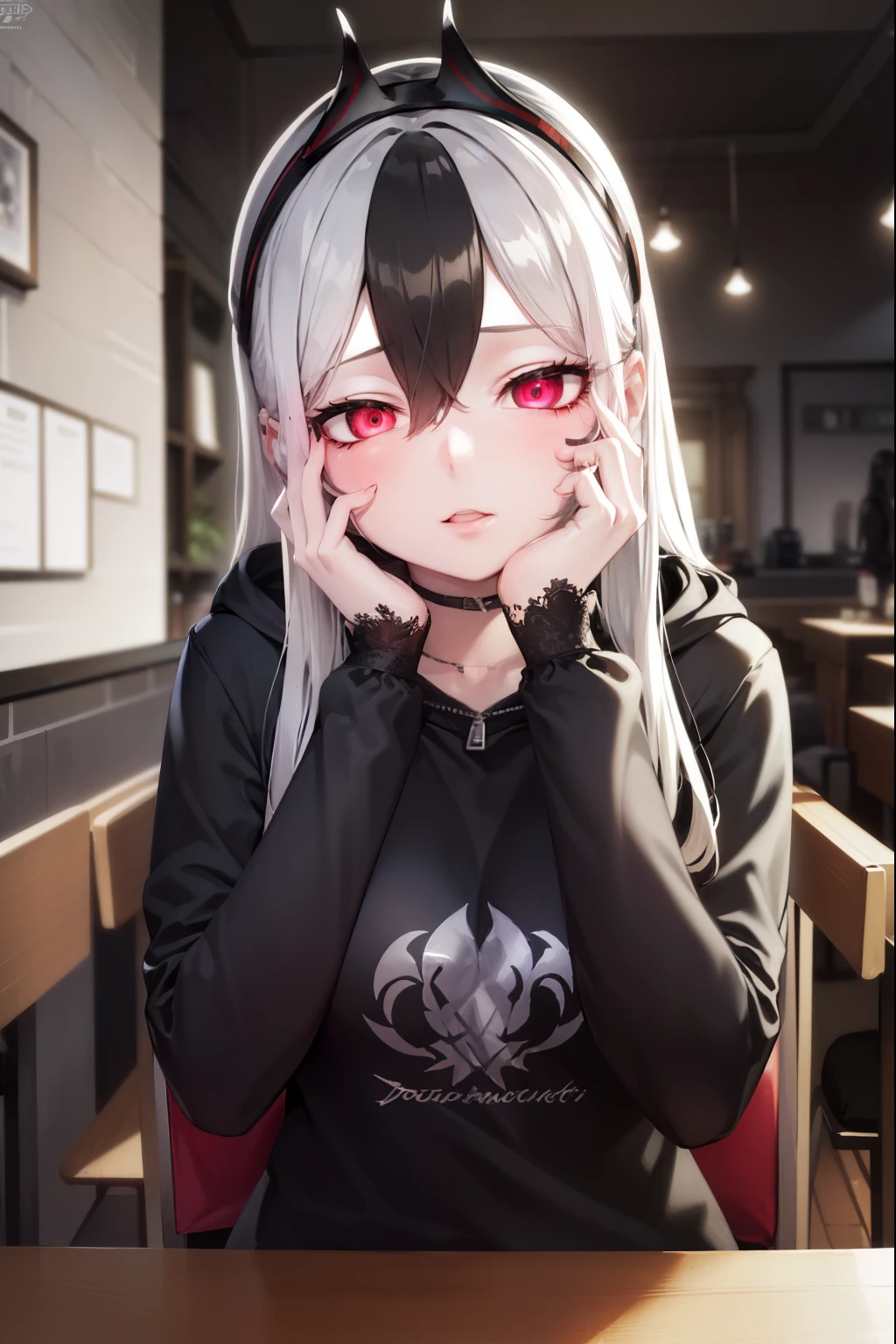 ((best quality)), ((highly detailed)), masterpiece, absurdres, (white hair with black bang),(detailed eyes, deep red eyes), (1girl), yandere trance, yandere, hands on own face, hands on own cheeks, shaded face, ((glowing eyes)), (upper body), hexmaniacms, ((@.@)), bags under eyes, ahoge, headband, black hair, pale skin, big breasts, , black clothes, (at a cafe, coffee, noon),
BREAK black hoodie, choker, hood, hoodie, pleated skirt, skirt, red skirt,
BREAK (masterpiece:1.2), best quality, high resolution, unity 8k wallpaper, (illustration:0.8), (beautiful detailed eyes:1.6), extremely detailed face, perfect lighting, extremely detailed CG, (perfect hands, perfect anatomy),