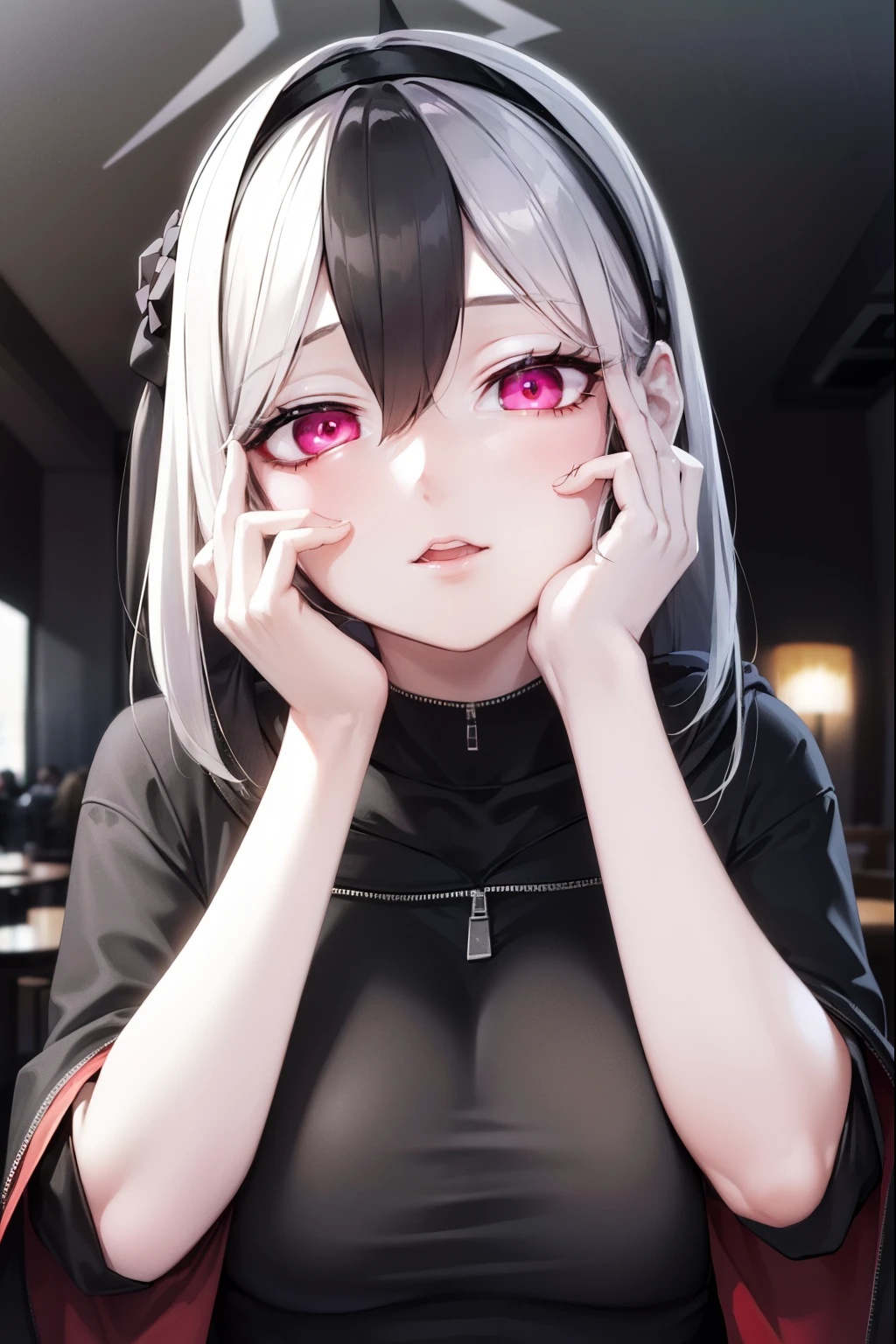 ((best quality)), ((highly detailed)), masterpiece, absurdres, (white hair with black bang),(detailed eyes, deep red eyes), (1girl), yandere trance, yandere, hands on own face, hands on own cheeks, shaded face, ((glowing eyes)), (upper body), hexmaniacms, ((@.@)), bags under eyes, ahoge, headband, black hair, pale skin, big breasts, , black clothes, (at a cafe, coffee, noon),
BREAK black hoodie, choker, hood, hoodie, pleated skirt, skirt, red skirt,
BREAK (masterpiece:1.2), best quality, high resolution, unity 8k wallpaper, (illustration:0.8), (beautiful detailed eyes:1.6), extremely detailed face, perfect lighting, extremely detailed CG, (perfect hands, perfect anatomy),