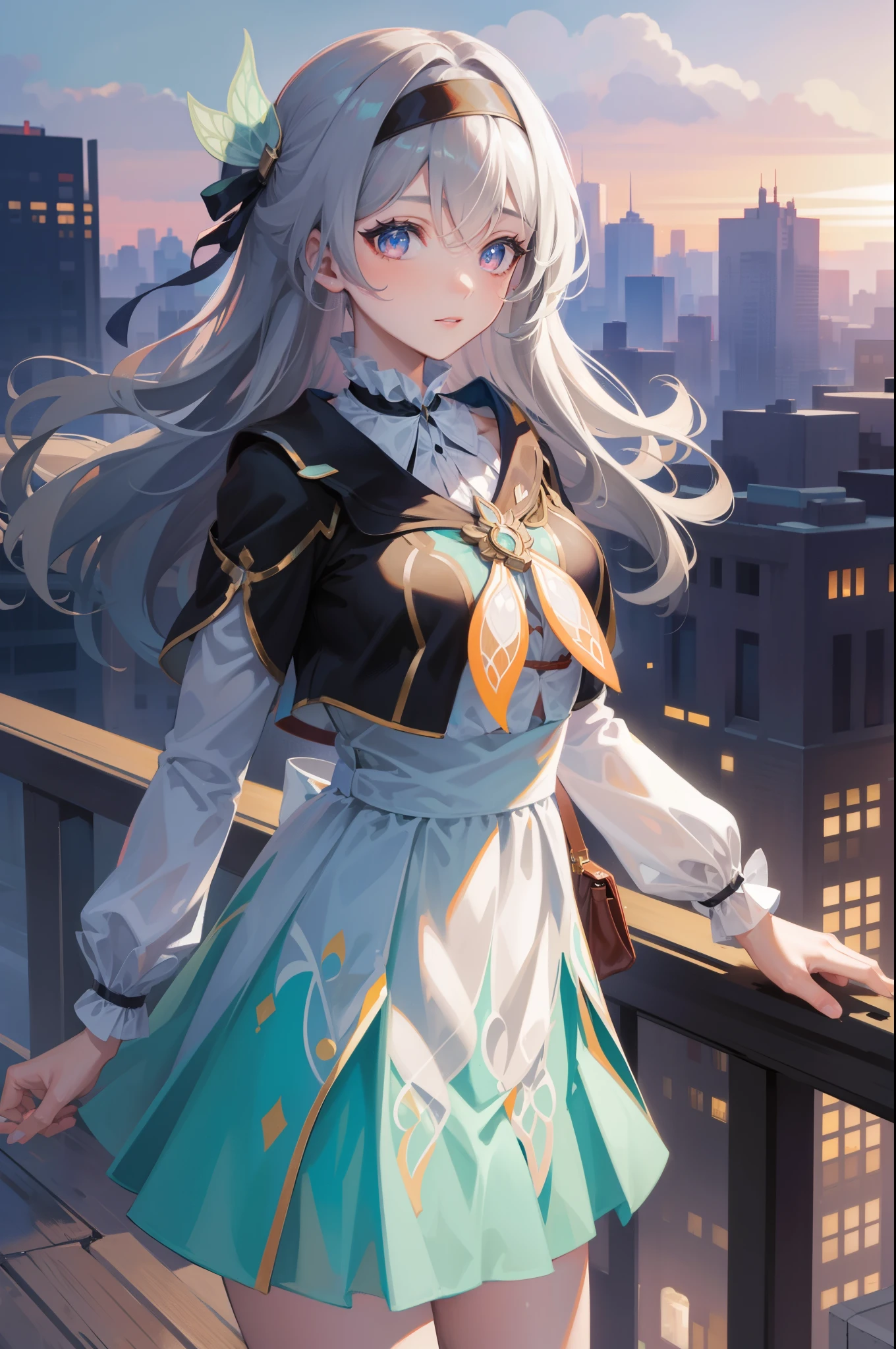 (best quality:1.3), (masterpiece:1.3), (illustration:1.3), (ultra-detailed:1.3), firefly \(honkai: star rail\), 1girl, solo, long hair, blue eyes, bangs, dress, long sleeves, hair ornament, grey hair, black hairband, medium breasts, hair between eyes