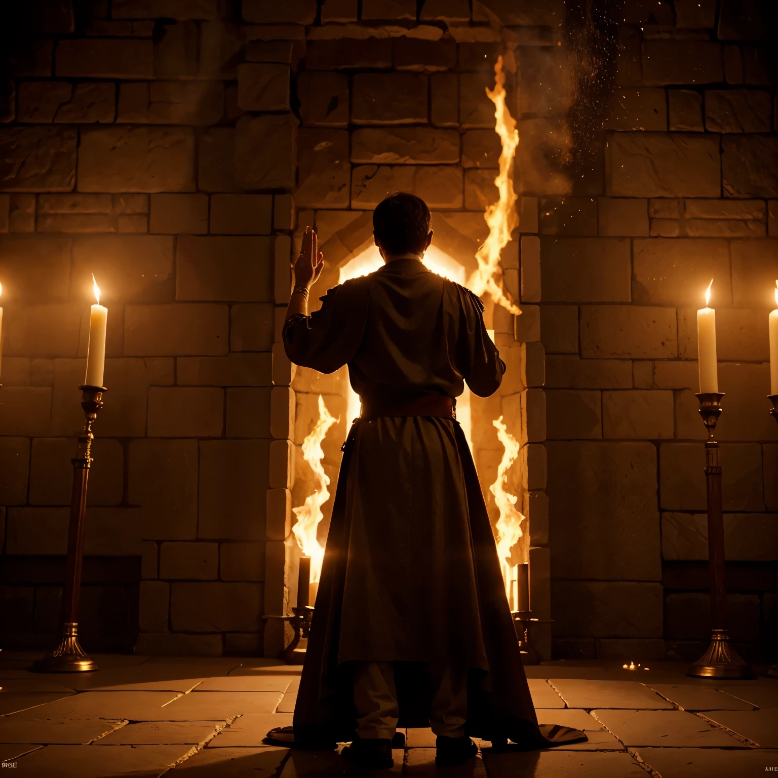 Biblical story, back to the image with Daniel being taken, he is inside the fiery furnace with the king's salute around him. Cinematic, photorealistic, 8k