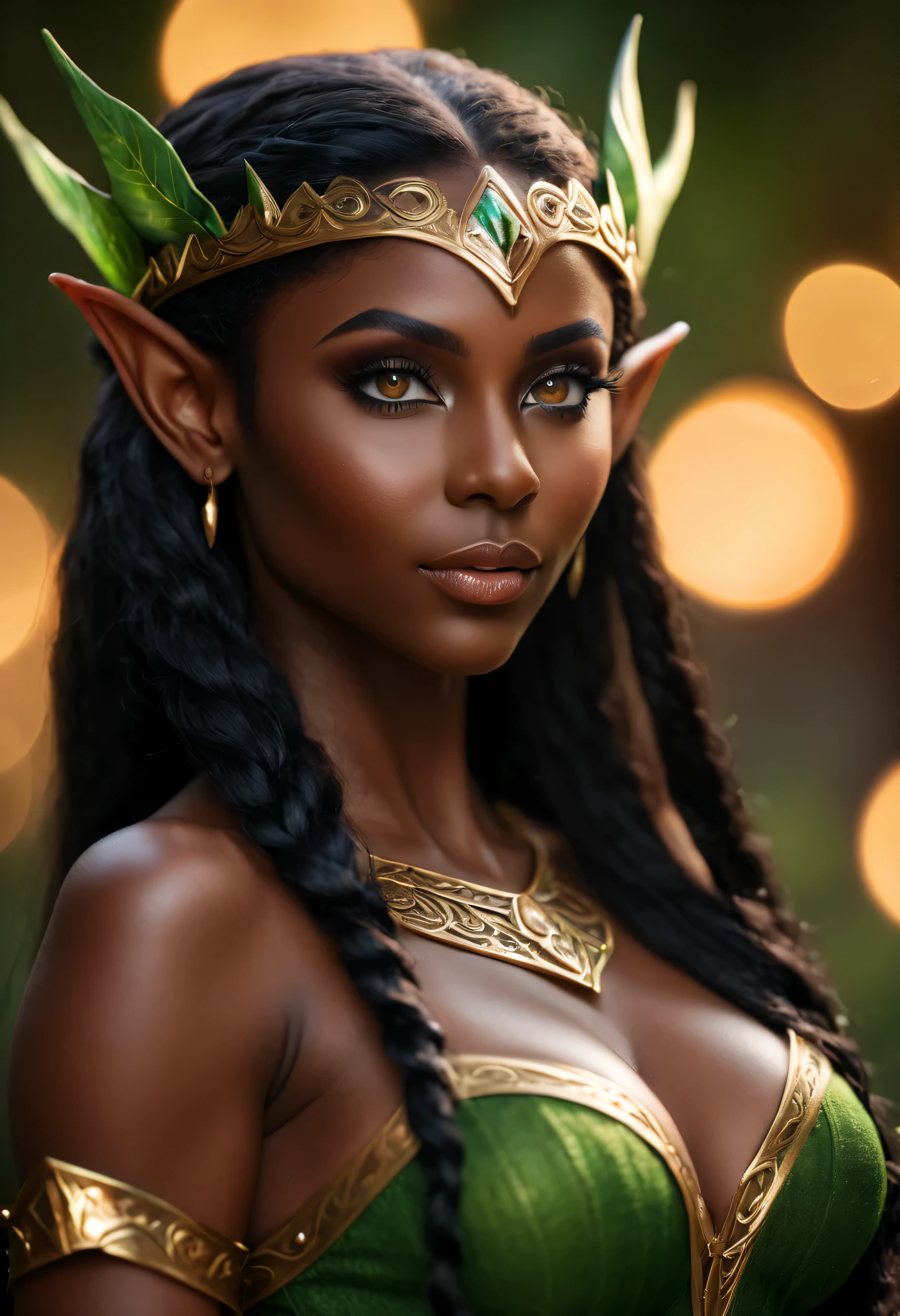 4k highly detailed realistic digital extremely high quality RAW photograph, (a portrait photo of Osa Lovely as a fantasy elf queen), ebony, (beautiful and detailed eyes: 1.1), bimbo, seductive, sexy, large breasts, epic, hyperrealistic, hyperrealism, 8k, cinematic lighting, (f1.8 short focus bokeh)