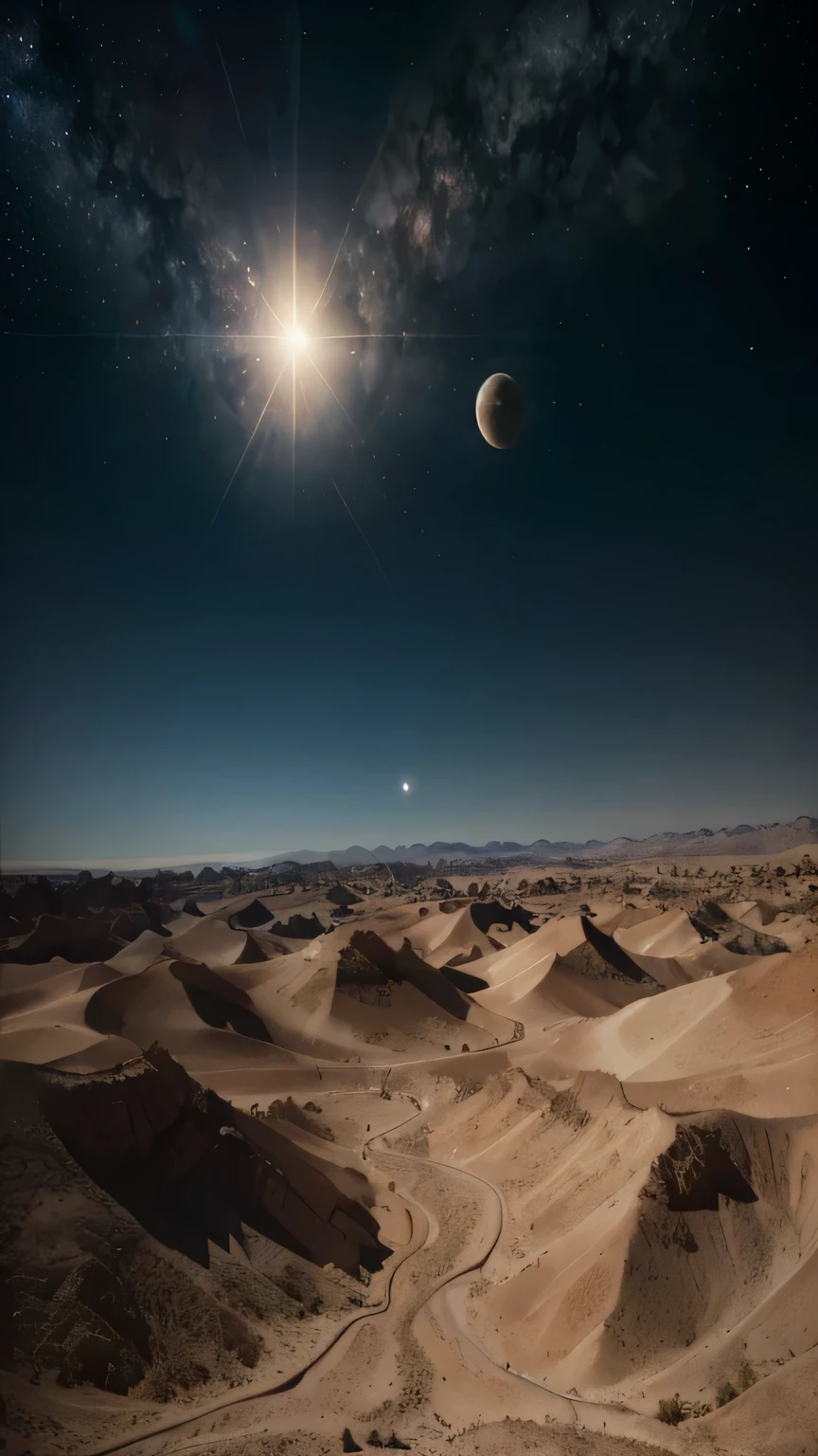 8K masterpiece, ((daytime scenery)), ((soft light)) that'A full day on a desert planet,I see two satellites in the sky,Large spaceships with complex structures are everywhere.., Skyscape, stars and nebulas