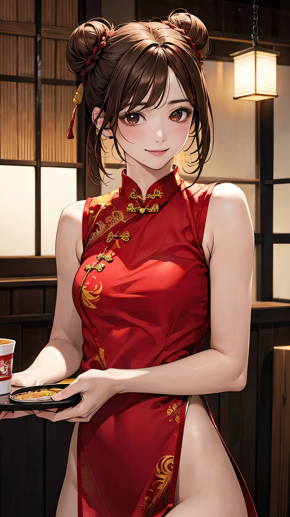 (masterpiece:1.2, top-quality), (realistic, photorealistic:1.4), beautiful illustration, (natural side lighting, movie lighting), nsfw,
looking at viewer, face focus, upper body, 1 girl, japanese, high school girl, perfect face, cute and symmetrical face, shiny skin,
(short hair:1.5, double bun, brown hair), asymmetrical bangs, brown eyes, long eye lasher, (medium breasts), slender,
beautiful hair, beautiful face, beautiful detailed eyes, beautiful clavicle, beautiful body, beautiful chest, beautiful thigh, beautiful legs, beautiful fingers,
((detailed cloth texture, sleeveless red micro mini cheongsam, slit at waist)),
(beautiful scenery), evening, (ramen shop), walking, (put a tray on the hands),, (happy smile, upper eyes),