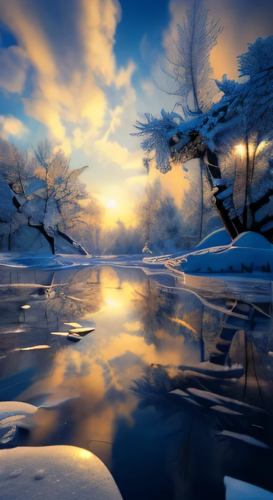 High resolution,Super detailed,official art,unity 8k wallpaper,Super detailed,cosmetology and aesthetics,master masterpiece,highest quality,reality, Winter dawn, wood々covered with ice crystals, Branches are shrunken and bent,There was fog in the forest,The Rising Sun,Brings a little golden warmth to cold winter days,The overall image has a calm and peaceful atmosphere.,(Zen connection,ice and snow,tangled,tangled),(fractal art:1.3), (masterpiece, highest quality, advanced details), (HDR, high dynamic range), Rendering with Octane, high contrast, scattered below the surface, shining rays, realistic shadow, bright colors, GLDOT