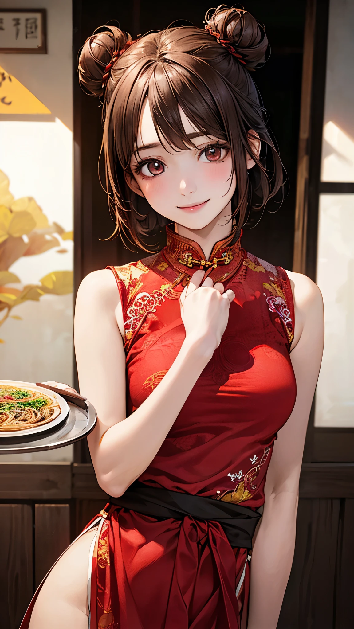 (masterpiece:1.2, top-quality), (realistic, photorealistic:1.4), beautiful illustration, (natural side lighting, movie lighting), nsfw,
looking at viewer, face focus, upper body, 1 girl, japanese, high school girl, perfect face, cute and symmetrical face, shiny skin,
(short hair:1.5, double bun, brown hair), asymmetrical bangs, brown eyes, long eye lasher, (medium breasts), slender,
beautiful hair, beautiful face, beautiful detailed eyes, beautiful clavicle, beautiful body, beautiful chest, beautiful thigh, beautiful legs, beautiful fingers,
((detailed cloth texture, sleeveless red micro mini cheongsam, slit at waist)),
(beautiful scenery), evening, (ramen shop), walking, (put a tray on the hands),, (happy smile, upper eyes),