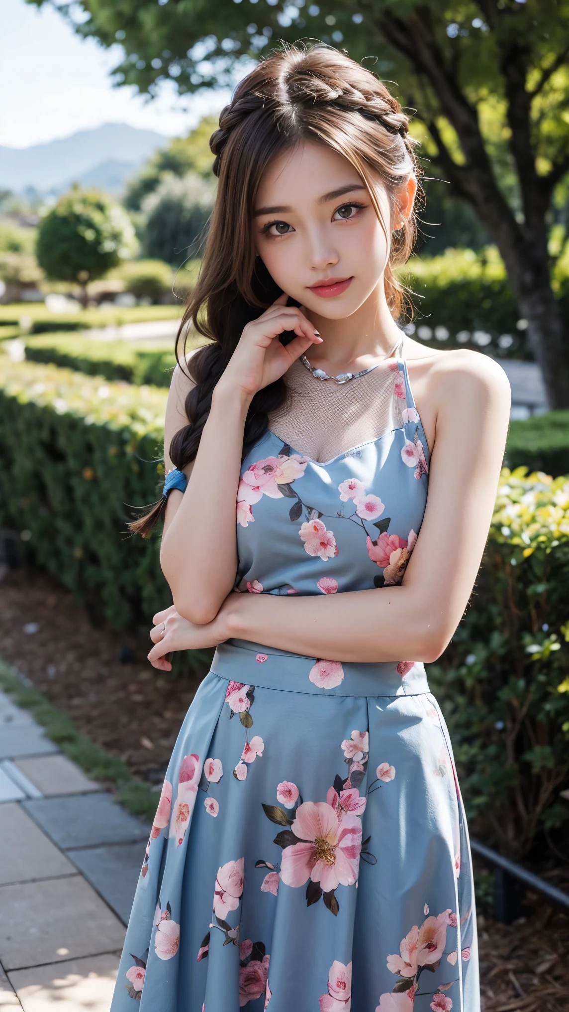 (8K high image quality), (top-quality), (RAW image quality),(masutepiece:1.2), (Realistic), (Photorealistic:1.37), largeeyes,long eyelasher,Exquisite(Live-action realistic style),The Ultimate Face,Photorealistic light and shadow,Clear facial features,milky skin,Fair skin, highdetailskin,Realistic skin details,Visible Pore,(Super Detail),Hair length is random, (Flowing hair),Best portraits,Shot from a short distance, Only one girl, Cute,Beautiful detailed eyes, beautiful detailed nose, highlydetailed skin) ,(Beautiful face with double eyelids), (Realism: 1.4),excellent details, Ultra-high resolution,,,delicate and beautiful face,,25-years old,(Beautiful Face 1.4),A slender, (Wear a floral dress:1.2),((In a park rich in nature)),,Natural smile,(,Looks fun),Longhaire,Lame around the eyes,red lipsticks,((Wear a floral dress)),Very beautiful legs,(((Sit in front of the audience with one leg extended))),((Smile at your audience)),The color of the panties is white,Very attractive smile,Sit on one knee upright,((Sit down and show off your white panties)),(((Sit with your legs slightly spread apart))),It is a very simple dress