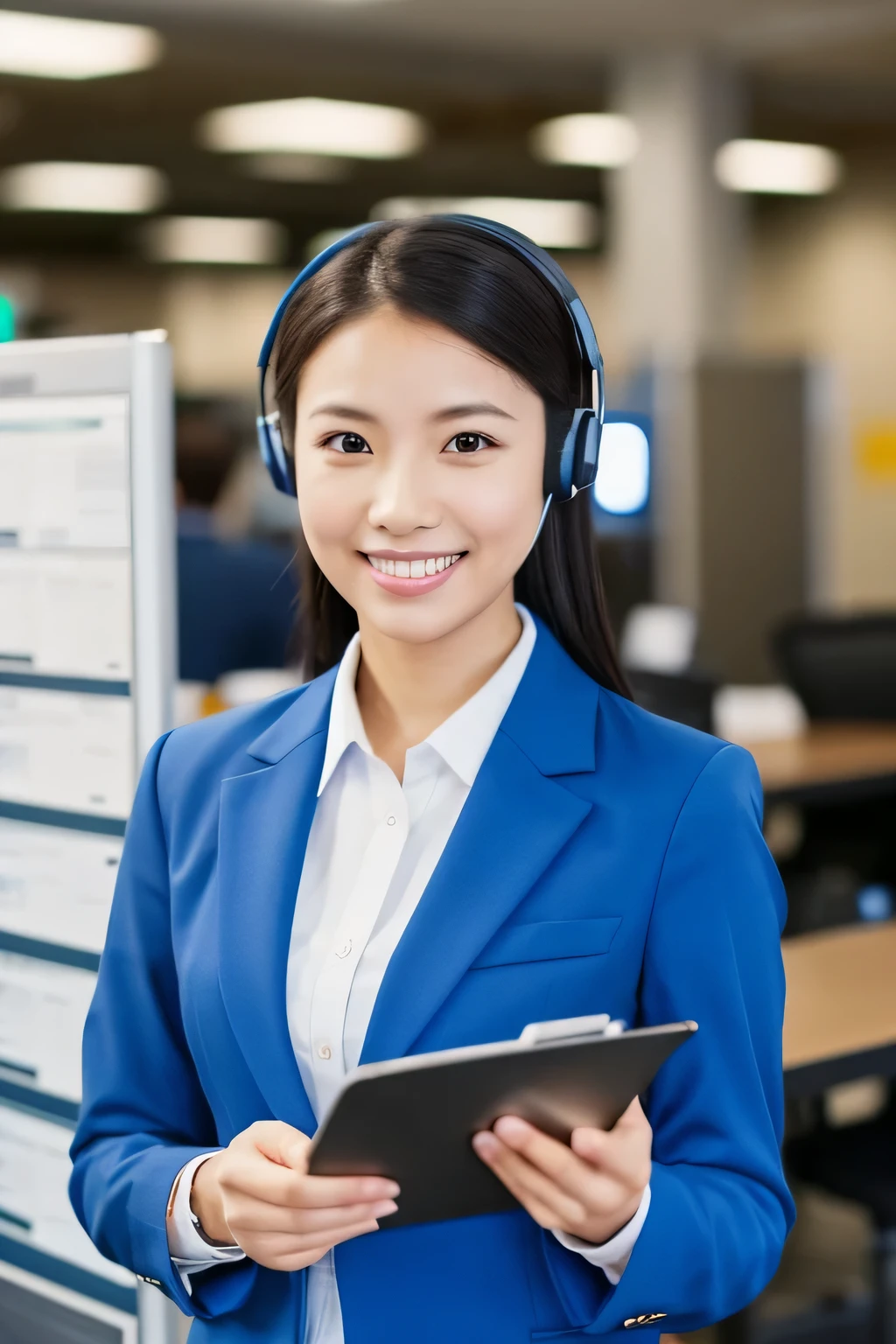 A lovely Asian woman with a friendly and approachable smile.. blue suit She wore a professional call center headset.. A phone in one hand and a customer list on paper in the other.. The background is simple and uncluttered.. Focus your attention on the woman..
