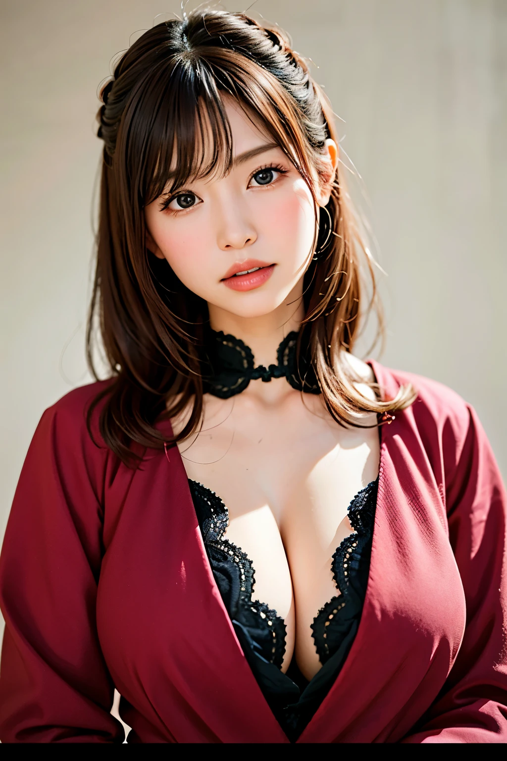 table top, 最high quality, Super high resolution, (realistic:1.4), detailed beautiful face, fine clothes, Attractive Japan Woman, , So cute, Features of close-up pots, 肌が柔らかくてperfect face、perfect face, Brown bun hair, 8K resolution,Super realistic,super detailed,high quality, (huge tear-shaped chest, huge cleavage:1.2), wide field of view