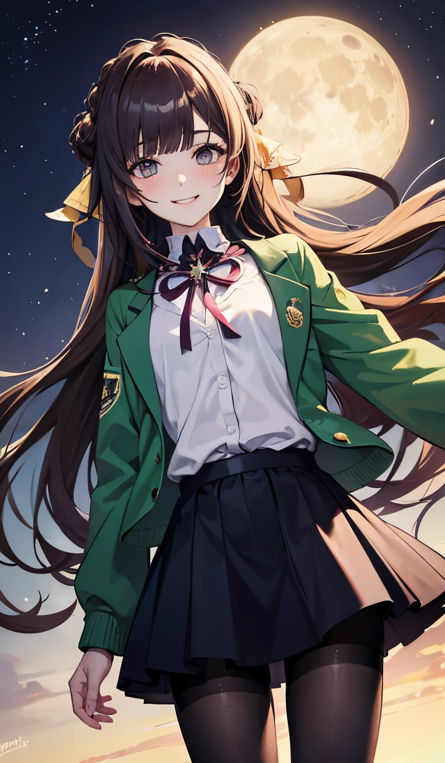 origin, 1 girl,Lift your legs, long hair, alone, ID card, long hair, star shaped pupils, Smile,moon, looking at the audience, Green jacket, shirt, pantyhose, open jacket,Sweat,Smile,blush, Cowboy shooting,