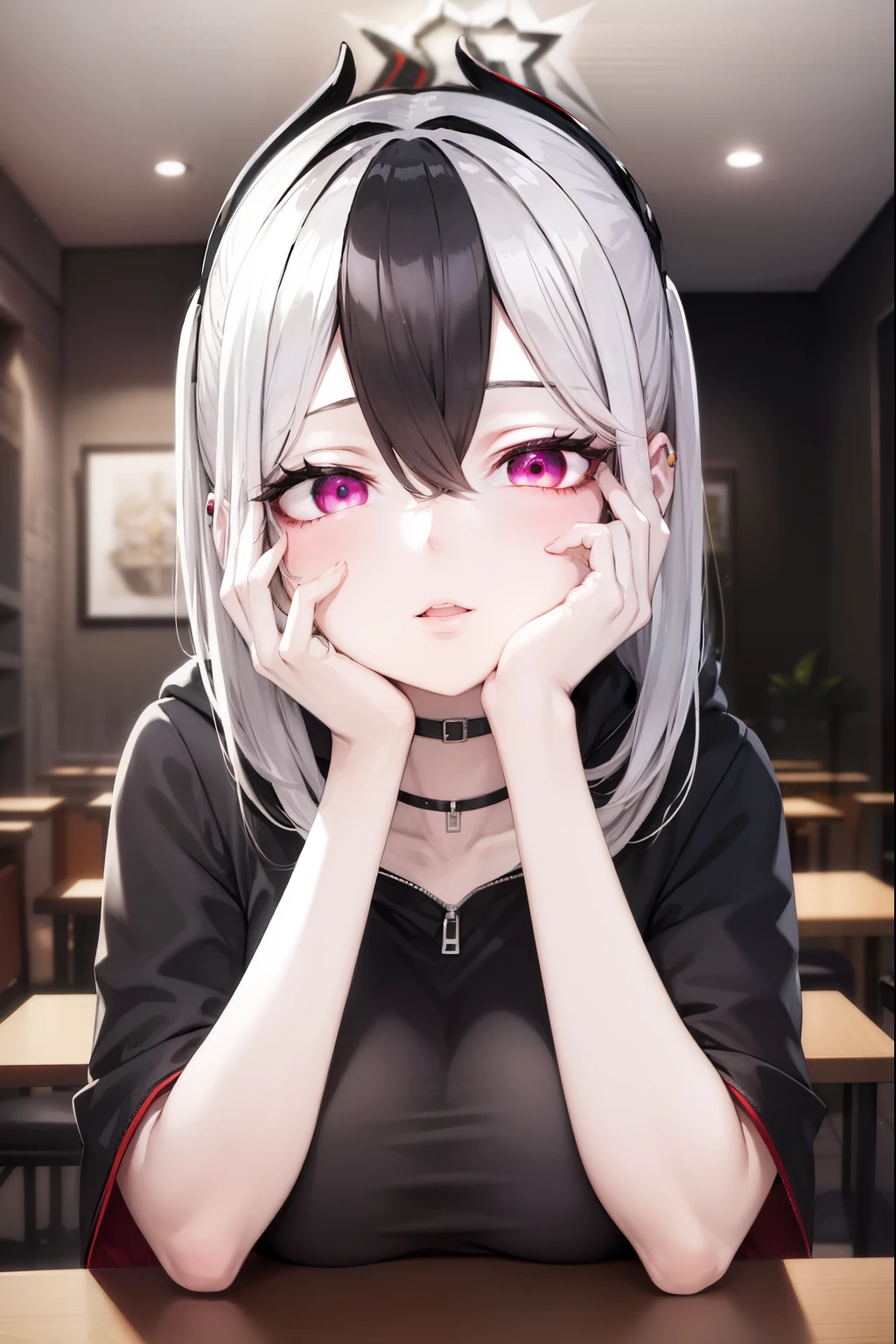 ((best quality)), ((highly detailed)), masterpiece, absurdres, (white hair with black bang),(detailed eyes, deep red eyes), (1girl), yandere trance, yandere, hands on own face, hands on own cheeks, shaded face, ((glowing eyes)), (upper body), hexmaniacms, ((@.@)), bags under eyes, ahoge, headband, black hair, pale skin, big breasts, , black clothes, (at a cafe, coffee, noon),
BREAK black hoodie, choker, hood, hoodie, pleated skirt, skirt, red skirt,
BREAK (masterpiece:1.2), best quality, high resolution, unity 8k wallpaper, (illustration:0.8), (beautiful detailed eyes:1.6), extremely detailed face, perfect lighting, extremely detailed CG, (perfect hands, perfect anatomy),