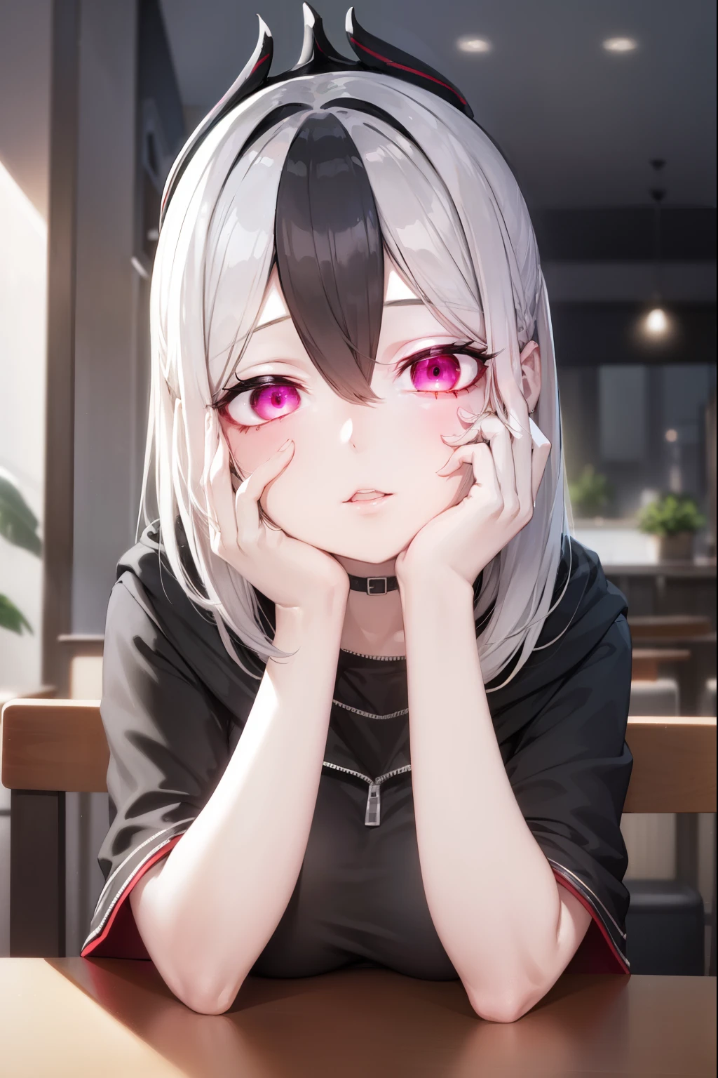 ((best quality)), ((highly detailed)), masterpiece, absurdres, (white hair with black bang),(detailed eyes, deep red eyes), (1girl), yandere trance, yandere, hands on own face, hands on own cheeks, shaded face, ((glowing eyes)), (upper body), hexmaniacms, ((@.@)), bags under eyes, ahoge, headband, black hair, pale skin, big breasts, , black clothes, (at a cafe, coffee, noon),
BREAK black hoodie, choker, hood, hoodie, pleated skirt, skirt, red skirt,
BREAK (masterpiece:1.2), best quality, high resolution, unity 8k wallpaper, (illustration:0.8), (beautiful detailed eyes:1.6), extremely detailed face, perfect lighting, extremely detailed CG, (perfect hands, perfect anatomy),