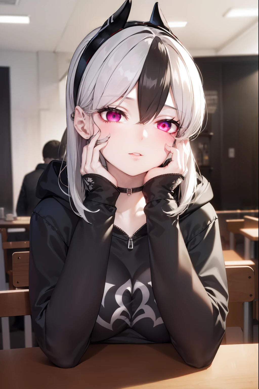 ((best quality)), ((highly detailed)), masterpiece, absurdres, (white hair with black bang),(detailed eyes, deep red eyes), (1girl), yandere trance, yandere, hands on own face, hands on own cheeks, shaded face, ((glowing eyes)), (upper body), hexmaniacms, ((@.@)), bags under eyes, ahoge, headband, black hair, pale skin, big breasts, , black clothes, (at a cafe, coffee, noon),
BREAK black hoodie, choker, hood, hoodie, pleated skirt, skirt, red skirt,
BREAK (masterpiece:1.2), best quality, high resolution, unity 8k wallpaper, (illustration:0.8), (beautiful detailed eyes:1.6), extremely detailed face, perfect lighting, extremely detailed CG, (perfect hands, perfect anatomy),