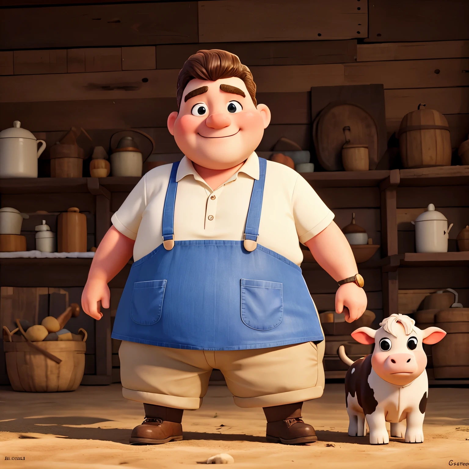 A fat farmer man smiling as she poses for a photograph with her Cow, head to head, hyper realistic, crystal clear image