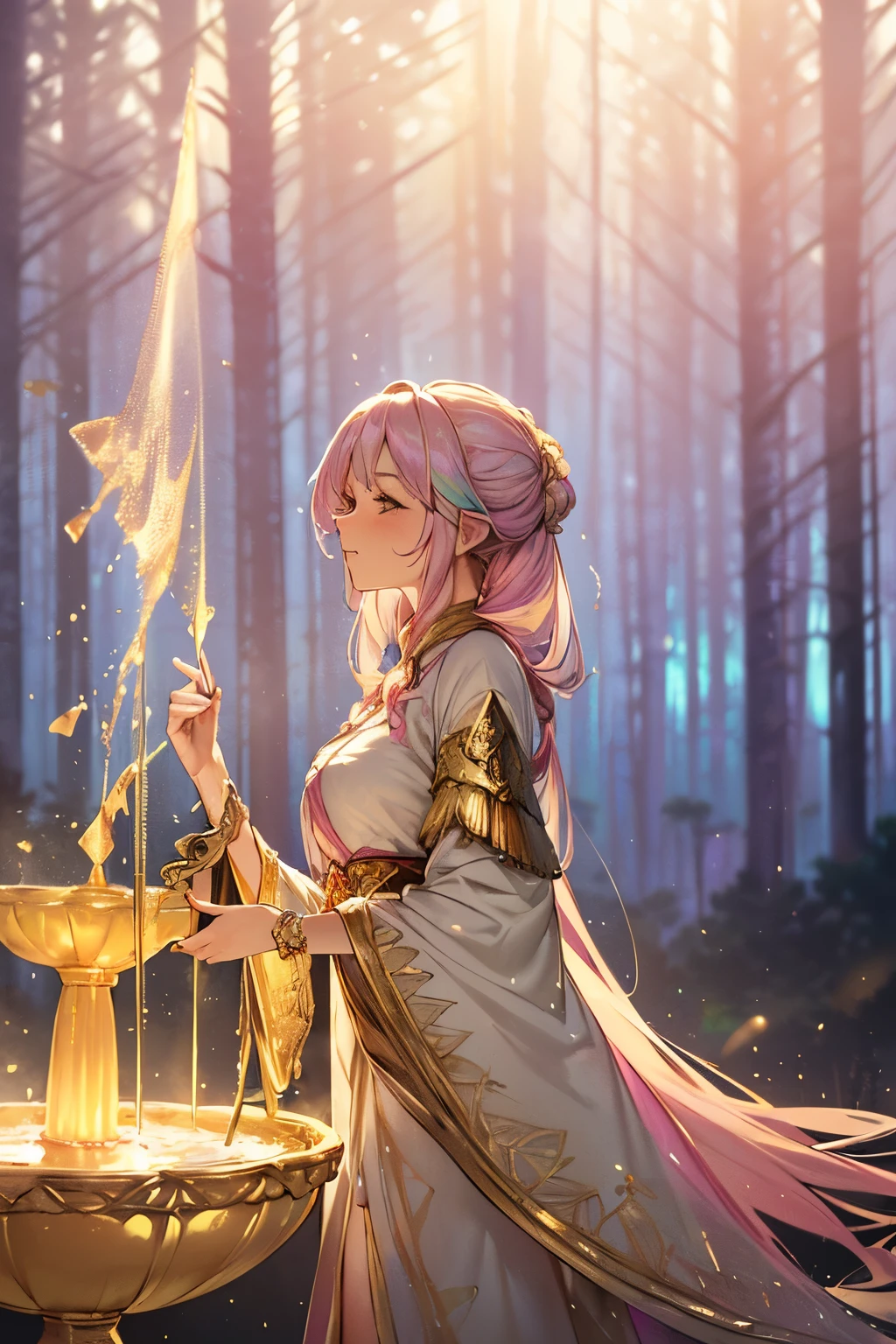 best quality, 32k, RAW photo, incredibly absurdres, extremely detailed, delicate texture, beautiful goddess playing a large shining gold plated harp, wearing white lace translucent hagoromo, background (fantastic haze, scattered gold powder, forest fountain, iridescent pastel colors, wind-effect, light-effect, professional lighting:1.4)