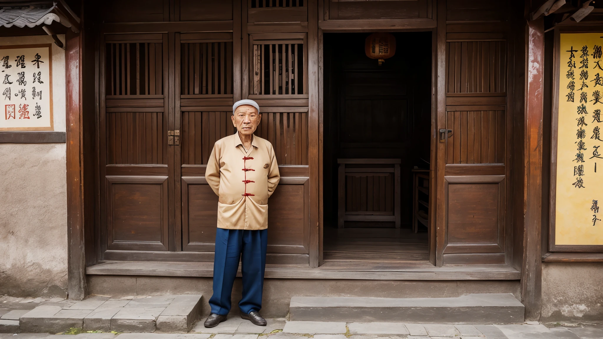 A lonely old man with traditional Chinese thinking,Real frontal photos,Authentic background,The background is traditional chinese street,worn-out clothing,Face full of wrinkles,80-year-old man,Wise eyes,The beard is white,male,country style