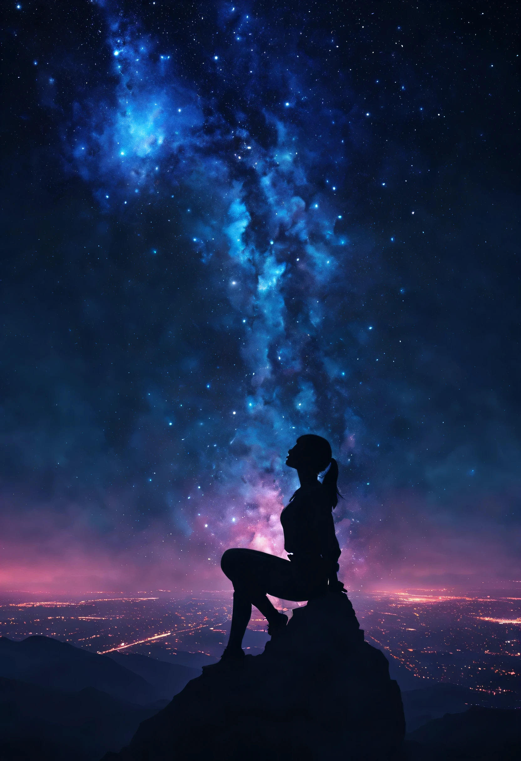 one girl silhouette art, multiple exposure, starry sky, Strengthen, Complex, (highest quality, masterpiece, Representative works, official art, Professional, unity 8k wallpaper:1.3)