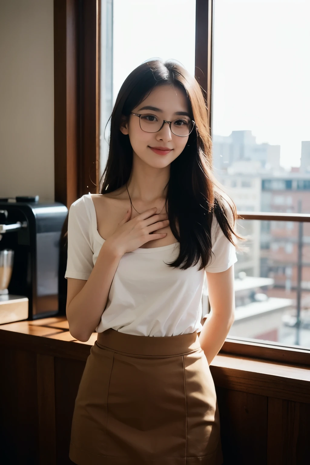 ((best quality)), ((Masterpiece)), (details), perfect face, Very beautiful girl, teenager, asian, white and smooth skin, slender body, Wide neck shirt, Bend to see breasts, beautiful long hair, Big eyes, Oval face, short skirt, Wear glasses, In a beautiful coffee shop, smile sexy, small breasts, Light from the coffee shop, Natural light through the window