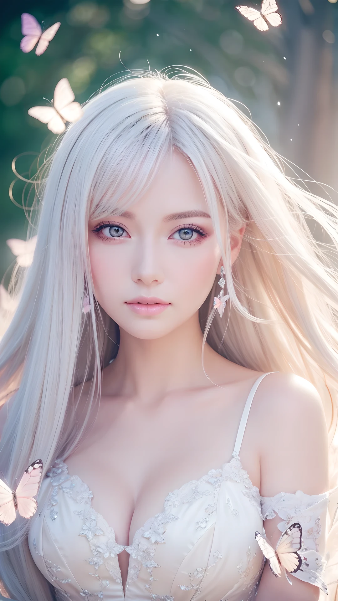 masterpiece, highest quality, (solo focus), (perfect face:1.1), (high detail:1.2), an angelic woman with long white hair, pink eyes, butterflies, she's surrounded by magic, wearing a white dress, pouty lips, angelic city detailed background, cinematic lighting, light volumetric lighting, majestic bokeh
