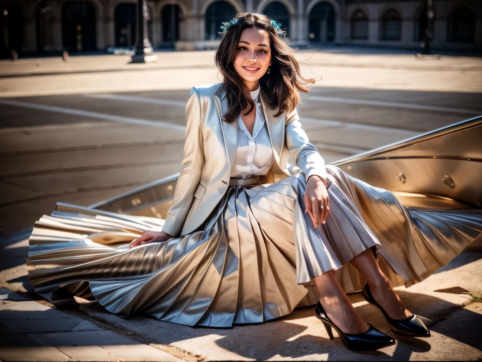 A smiling, authentic, (shy:1,3), kind, beautiful woman, is passionately in love with her skirt, sitting down on the gound while wind lifts her skirt, wearing short blazer and very very detailed (long (fully pleated) full circle skirt) and (low heeled court shoes), very very intricate hyper-detailed symmetric (attractive graceful young feminine face) with (sad, tired eyes and a loving smile), large breasts, full of empathy and compassion and love, (pronounced (feminine) features), (highly detailed ultra accurate realistic) hands and fingers, (windy), epic composition, highly detailed attributes, (35mm f1.4 Kodak portra 400 photograph), extremely high quality RAW photograph, highly detailed atmosphere, sci-fi, cinematic shot, dynamic lighting, 75mm, Technicolor, Panavision, cinemascope, sharp focus, fine details, 8k, HDR, realism, realistic, key visual, film still, superb cinematic color grading, depth of field