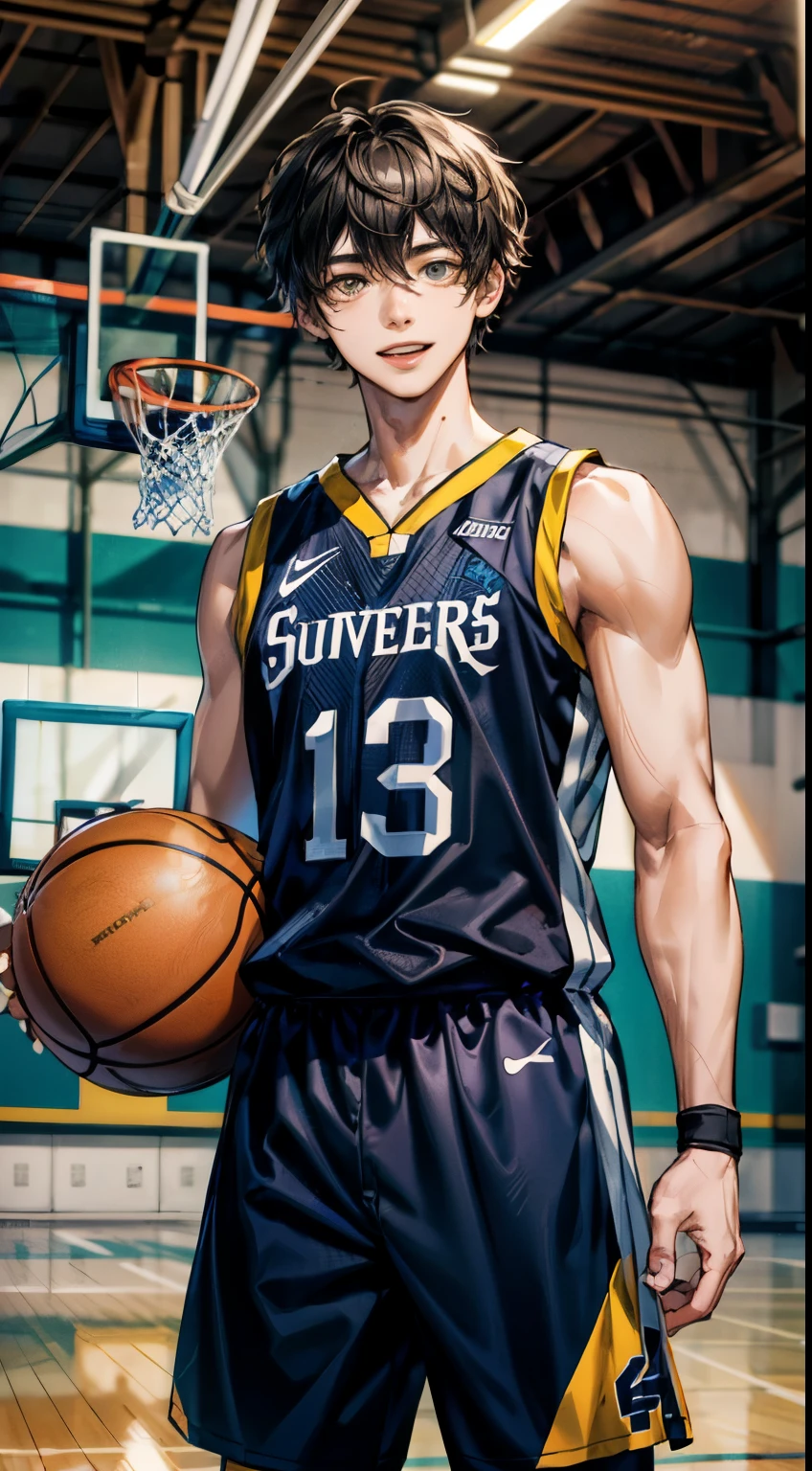 （MasterPiece），（fbest quality），1 male，Young adults，tall，hansome，delicated eyes，Complicated Detail，basketball clothes，hairbands，shortpants，Play basketball，messyfloating hair，medium length hair，Intricate patterns，Optimal light and shadows，Basketball court in background，，Mottled sunshine，During the Day，depth offield，out door，summer，variegated，Arte，depth offield，Sorrisos，close mouth
