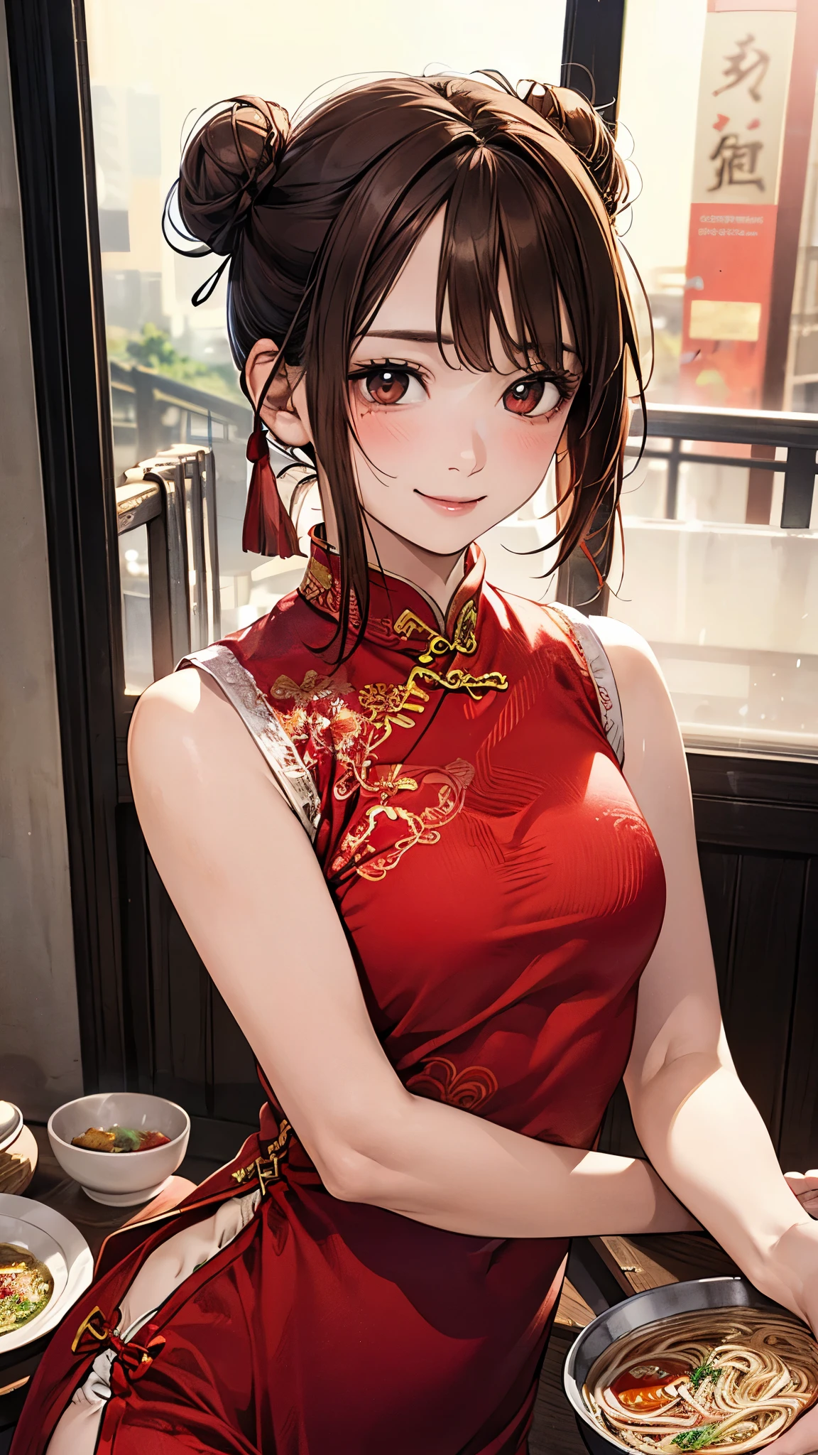 (masterpiece:1.2, top-quality), (realistic, photorealistic:1.4), beautiful illustration, (natural side lighting, movie lighting), nsfw, 
looking at viewer, face focus, upper body, 1 girl, japanese, high school girl, perfect face, cute and symmetrical face, shiny skin, 
(short hair:1.5, double bun, brown hair), asymmetrical bangs, brown eyes, long eye lasher, (medium breasts), slender, 
beautiful hair, beautiful face, beautiful detailed eyes, beautiful clavicle, beautiful body, beautiful chest, beautiful thigh, beautiful legs, beautiful fingers, 
((detailed cloth texture, sleeveless red micro mini cheongsam, slit at waist)), 
(beautiful scenery), evening, (ramen shop), walking, (ramen on a tray, put a tray on the hands),, (happy smile, upper eyes), 