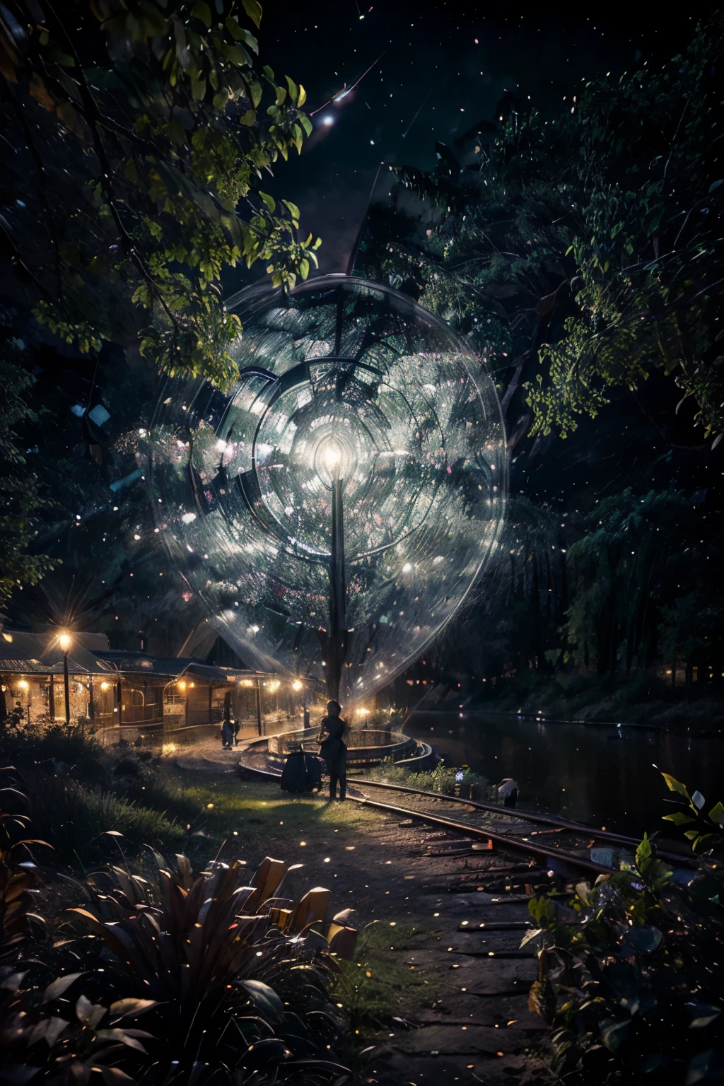 An enchanting summer night in a city. A view across railtrack to large park behind white park fence. Many lights, garlands, music, people. Far glitering lake in moonlight.