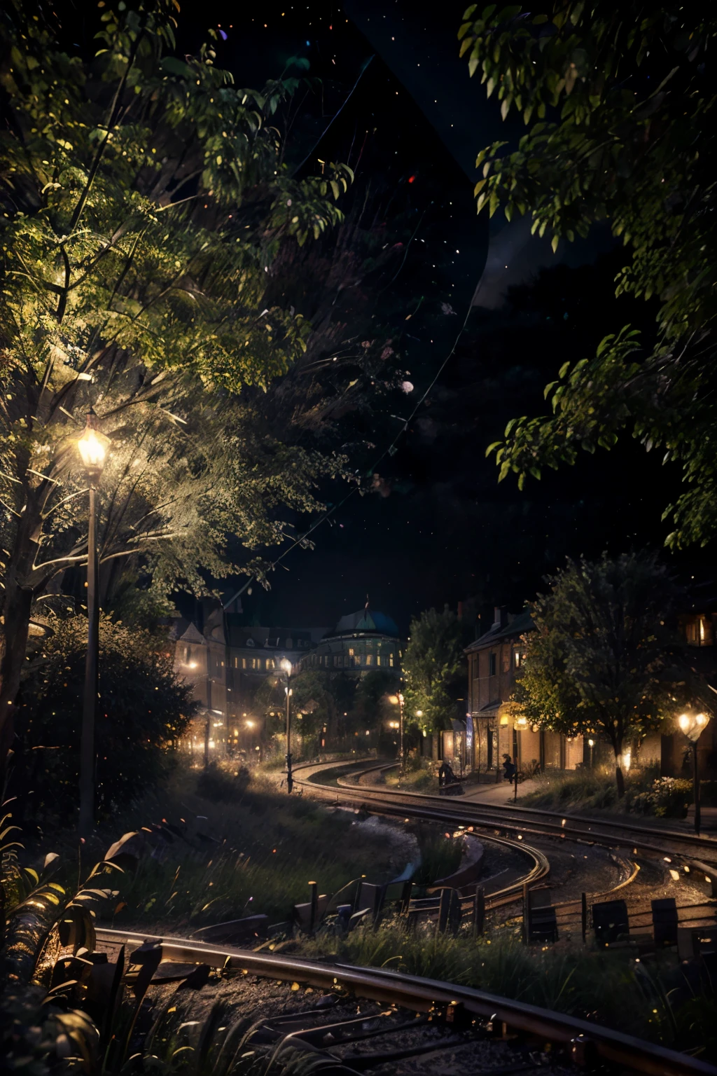 An enchanting summer night in a city. A view across railtrack to large park behind white park fence. Many lights, garlands, music, people. Far glitering lake in moonlight.