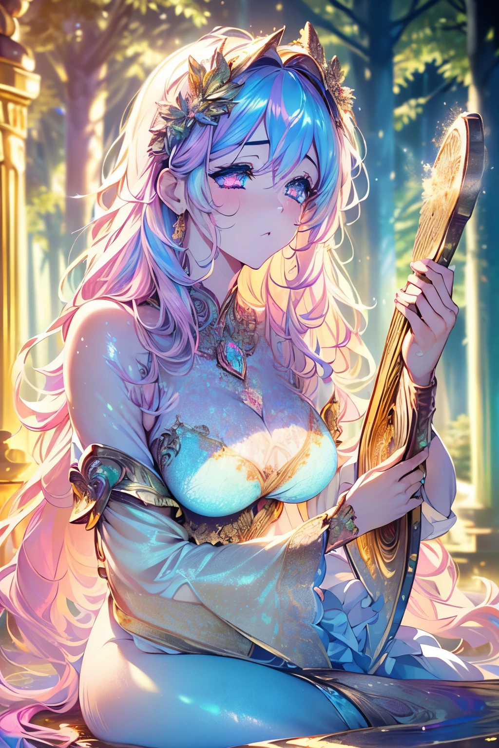 best quality, 32k, RAW photo, incredibly absurdres, extremely detailed, delicate texture, beautiful goddess playing a large shining gold plated harp, wearing white lace translucent hagoromo, background (fantastic haze, scattered gold powder, forest fountain, iridescent pastel colors, wind-effect, light-effect, professional lighting:1.4)